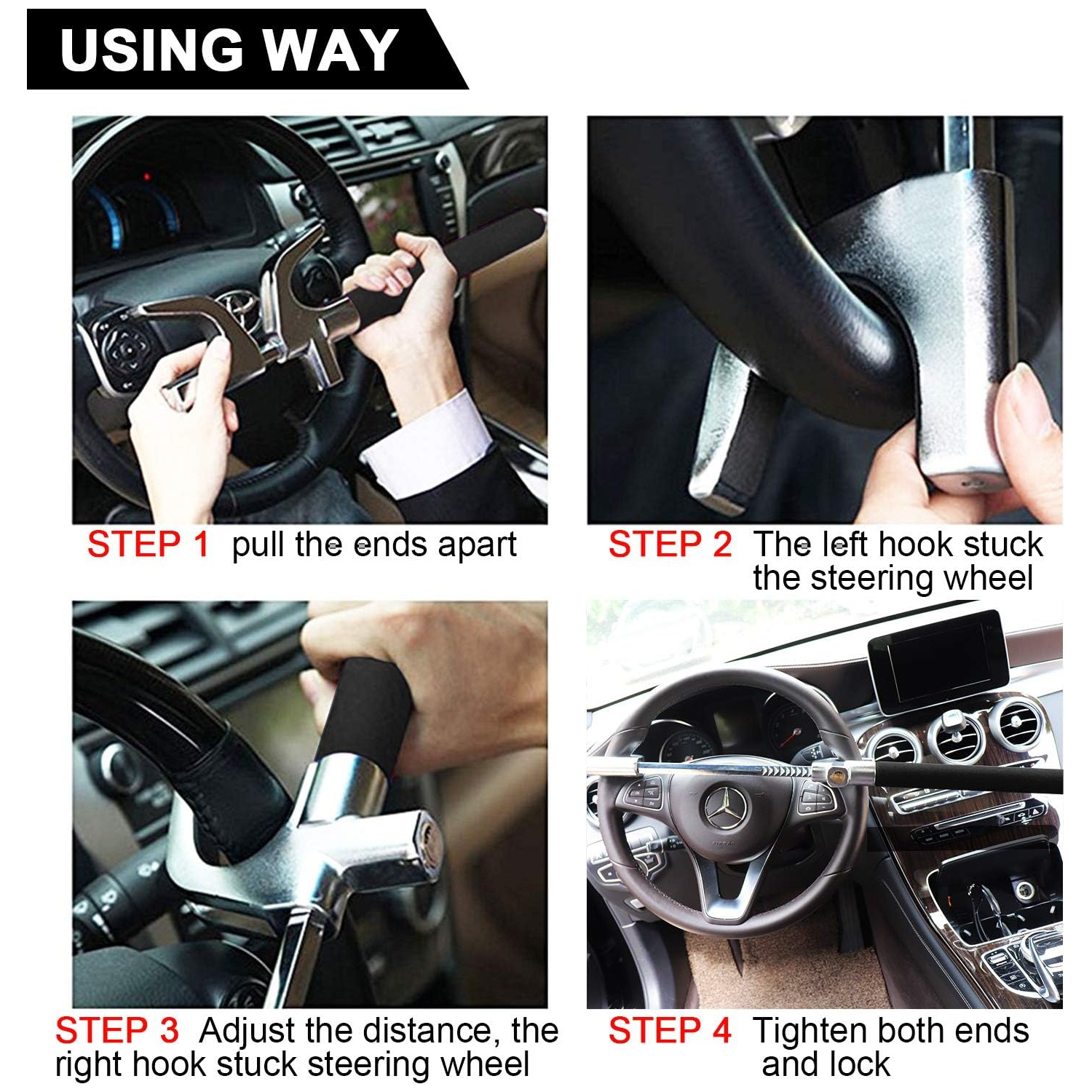 Steering Wheel Lock for Cars,Wheel Lock,Vehicle Anti-Theft Lock,Adjustable Length Clamp Double Hook Universal Fit Emergency Hammer Window Breaker