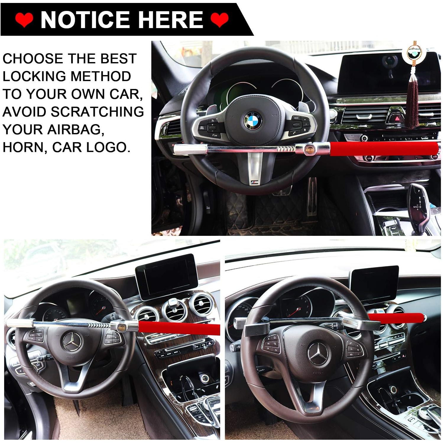 Steering Wheel Lock for Cars,Wheel Lock,Vehicle Anti-Theft Lock,Adjustable Length Clamp Double Hook Universal Fit Emergency Hammer Window Breaker