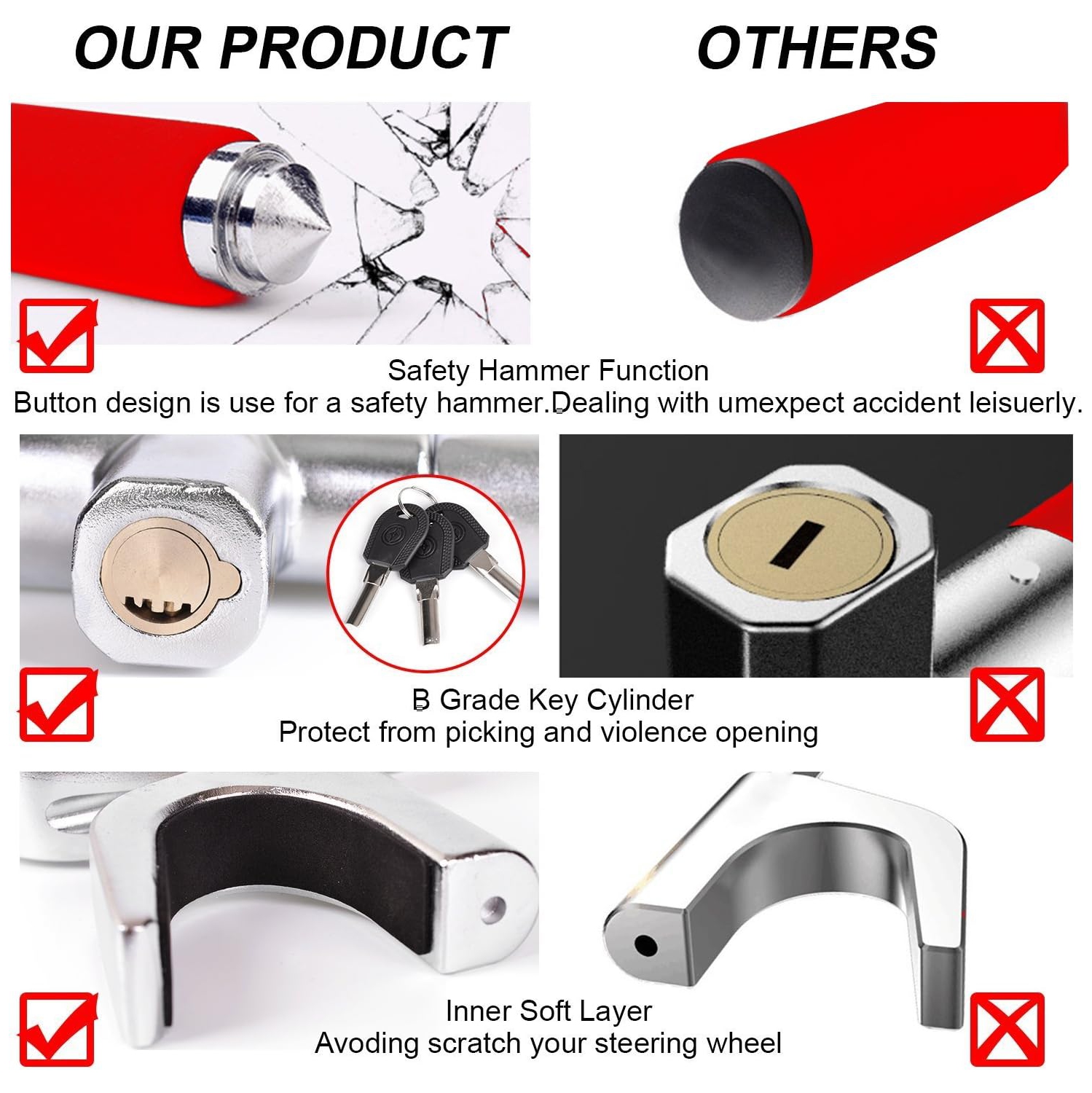 Steering Wheel Lock for Cars,Wheel Lock,Vehicle Anti-Theft Lock,Adjustable Length Clamp Double Hook Universal Fit Emergency Hammer Window Breaker