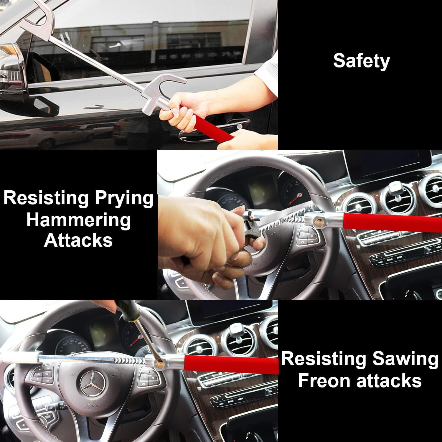 Steering Wheel Lock for Cars,Wheel Lock,Vehicle Anti-Theft Lock,Adjustable Length Clamp Double Hook Universal Fit Emergency Hammer Window Breaker