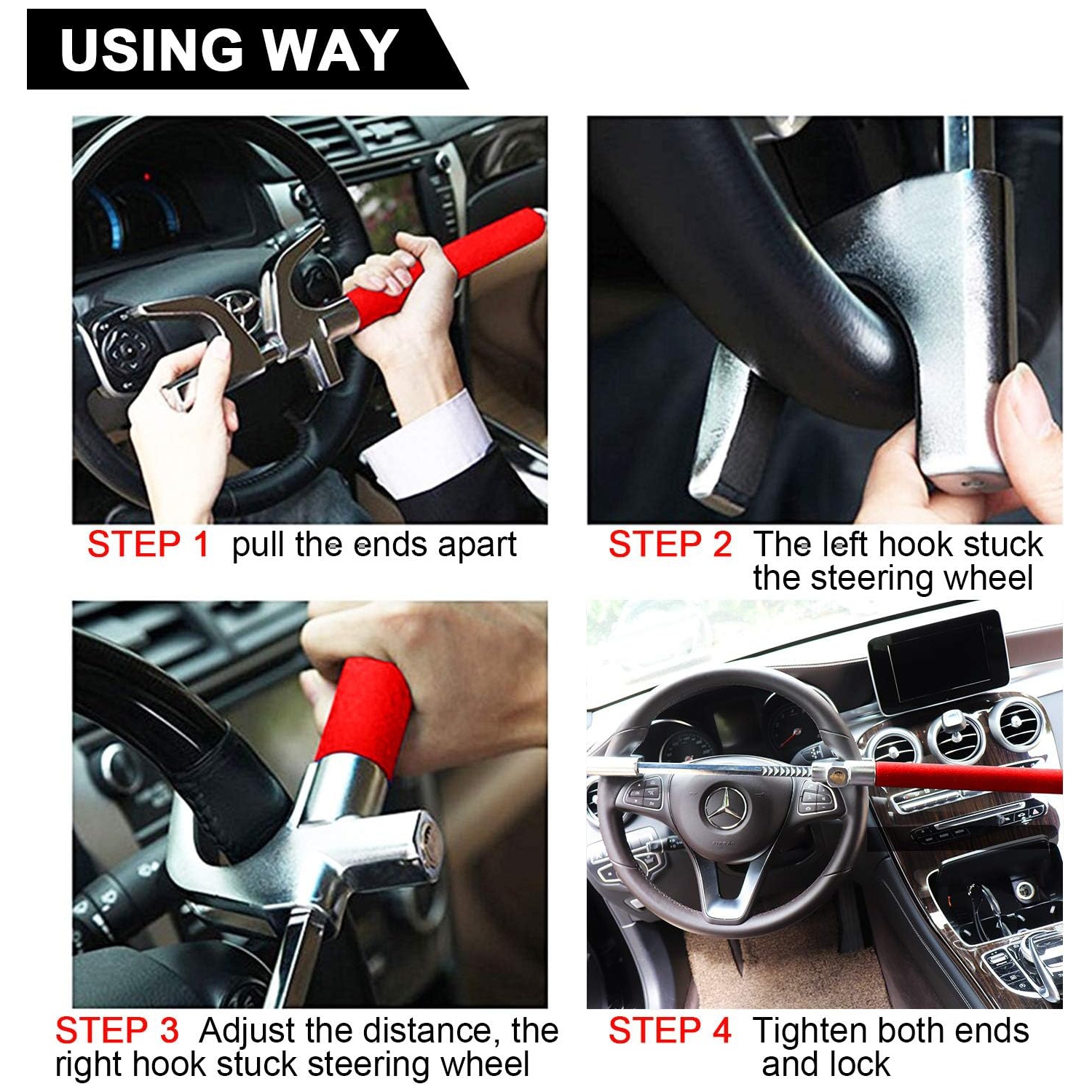 Steering Wheel Lock for Cars,Wheel Lock,Vehicle Anti-Theft Lock,Adjustable Length Clamp Double Hook Universal Fit Emergency Hammer Window Breaker