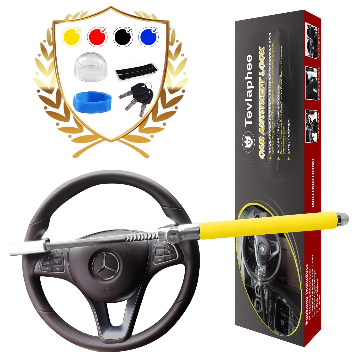 Steering Wheel Lock for Cars,Wheel Lock,Vehicle Anti-Theft Lock,Adjustable Length Clamp Double Hook Universal Fit Emergency Hammer Window Breaker