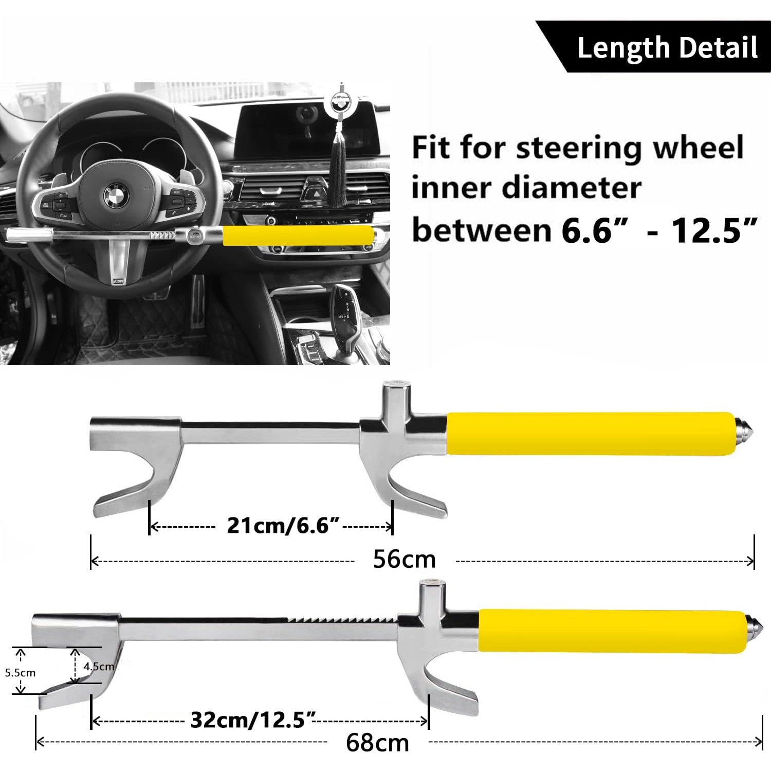 Steering Wheel Lock for Cars,Wheel Lock,Vehicle Anti-Theft Lock,Adjustable Length Clamp Double Hook Universal Fit Emergency Hammer Window Breaker