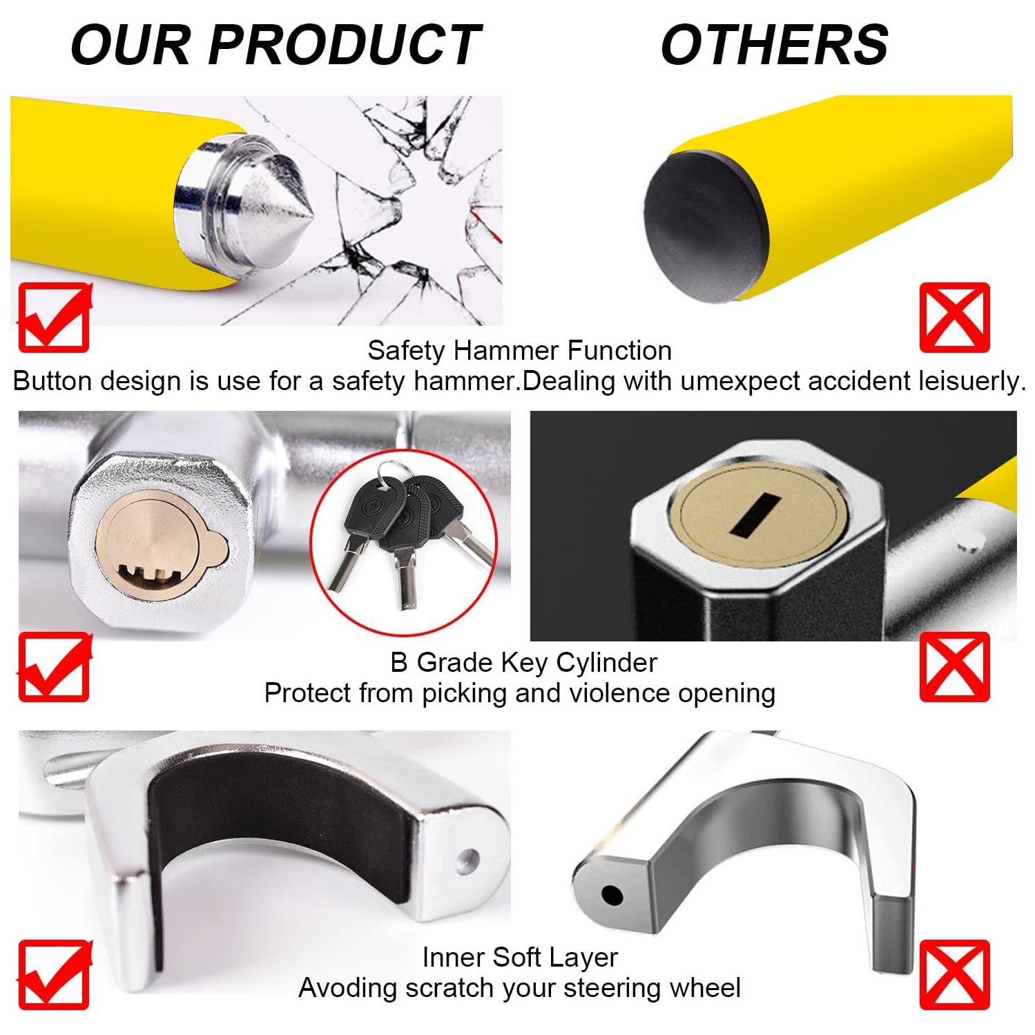 Steering Wheel Lock for Cars,Wheel Lock,Vehicle Anti-Theft Lock,Adjustable Length Clamp Double Hook Universal Fit Emergency Hammer Window Breaker