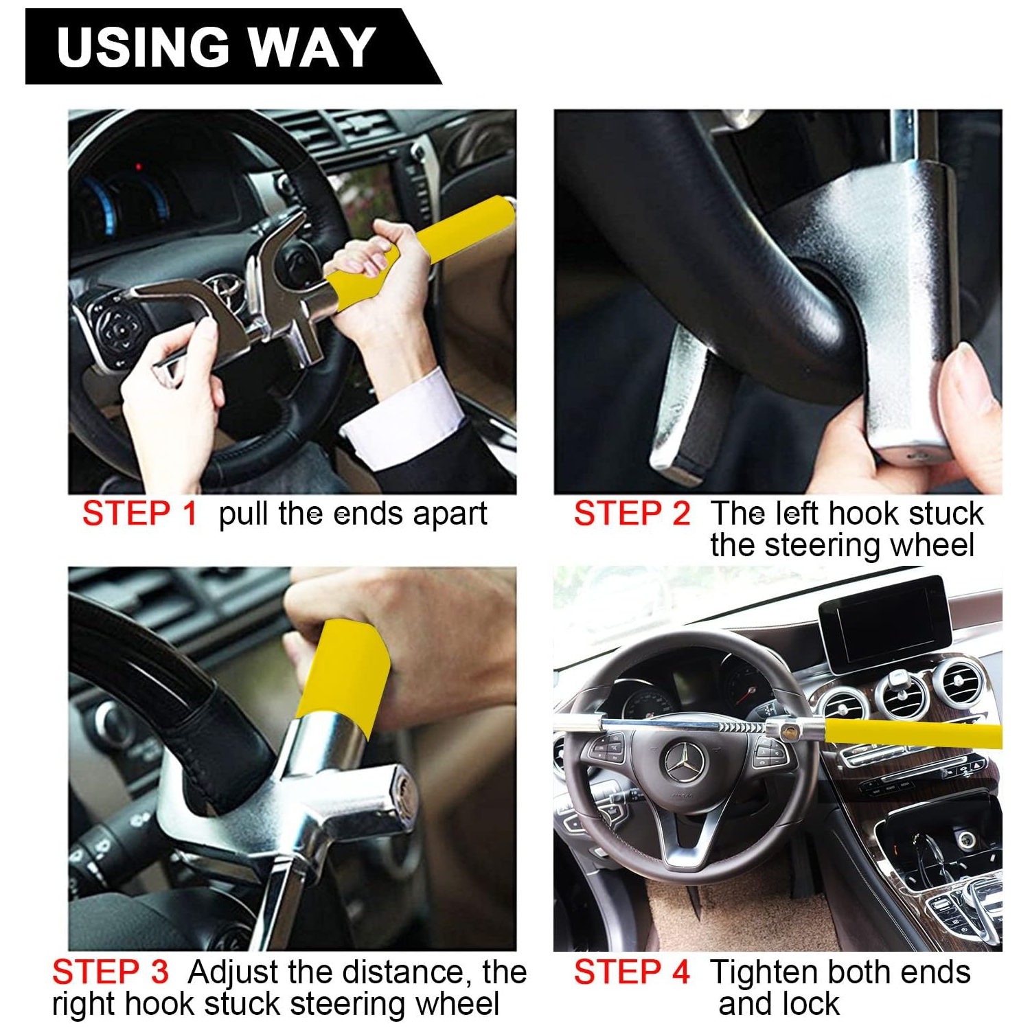 Steering Wheel Lock for Cars,Wheel Lock,Vehicle Anti-Theft Lock,Adjustable Length Clamp Double Hook Universal Fit Emergency Hammer Window Breaker