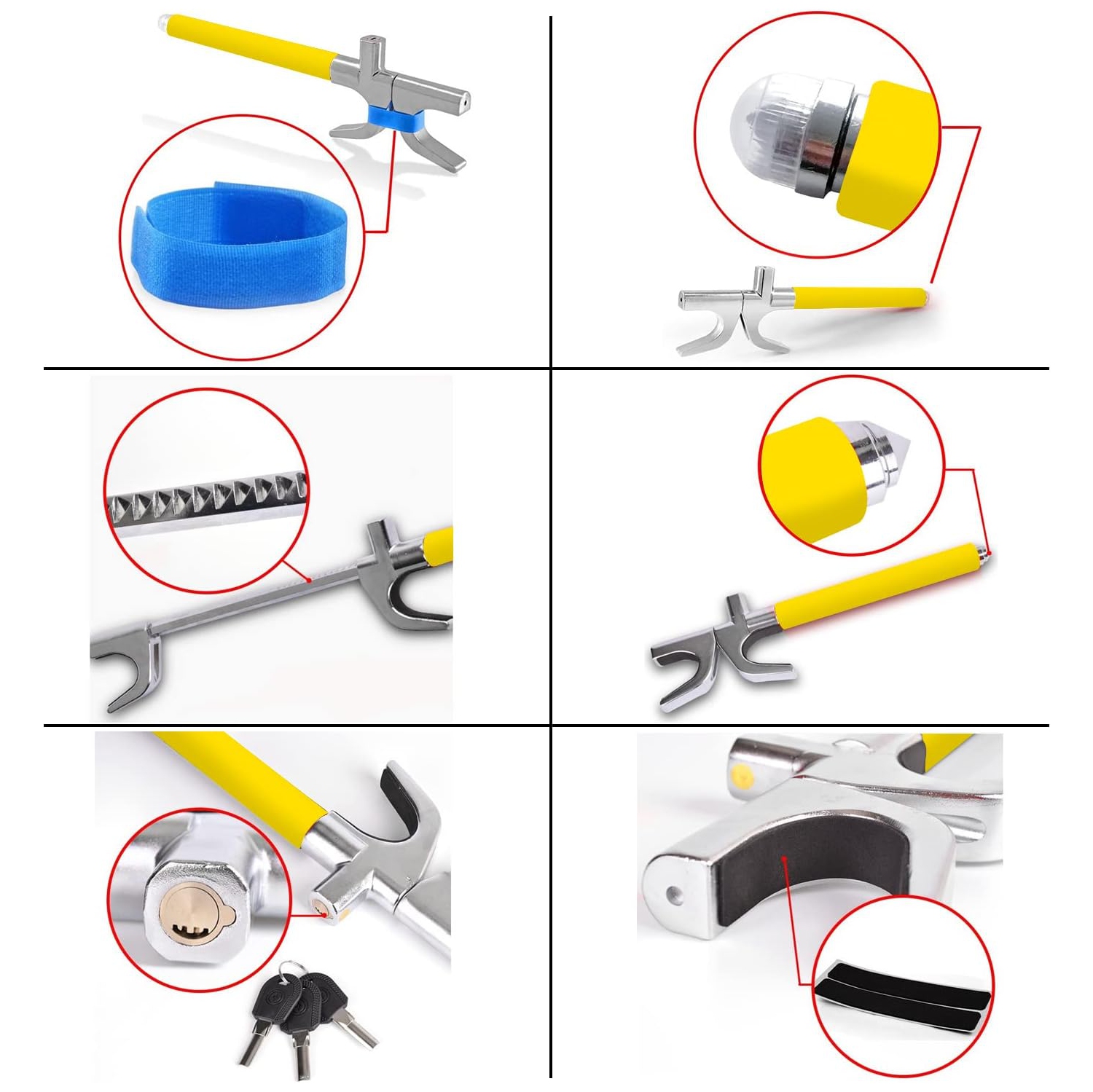 Steering Wheel Lock for Cars,Wheel Lock,Vehicle Anti-Theft Lock,Adjustable Length Clamp Double Hook Universal Fit Emergency Hammer Window Breaker