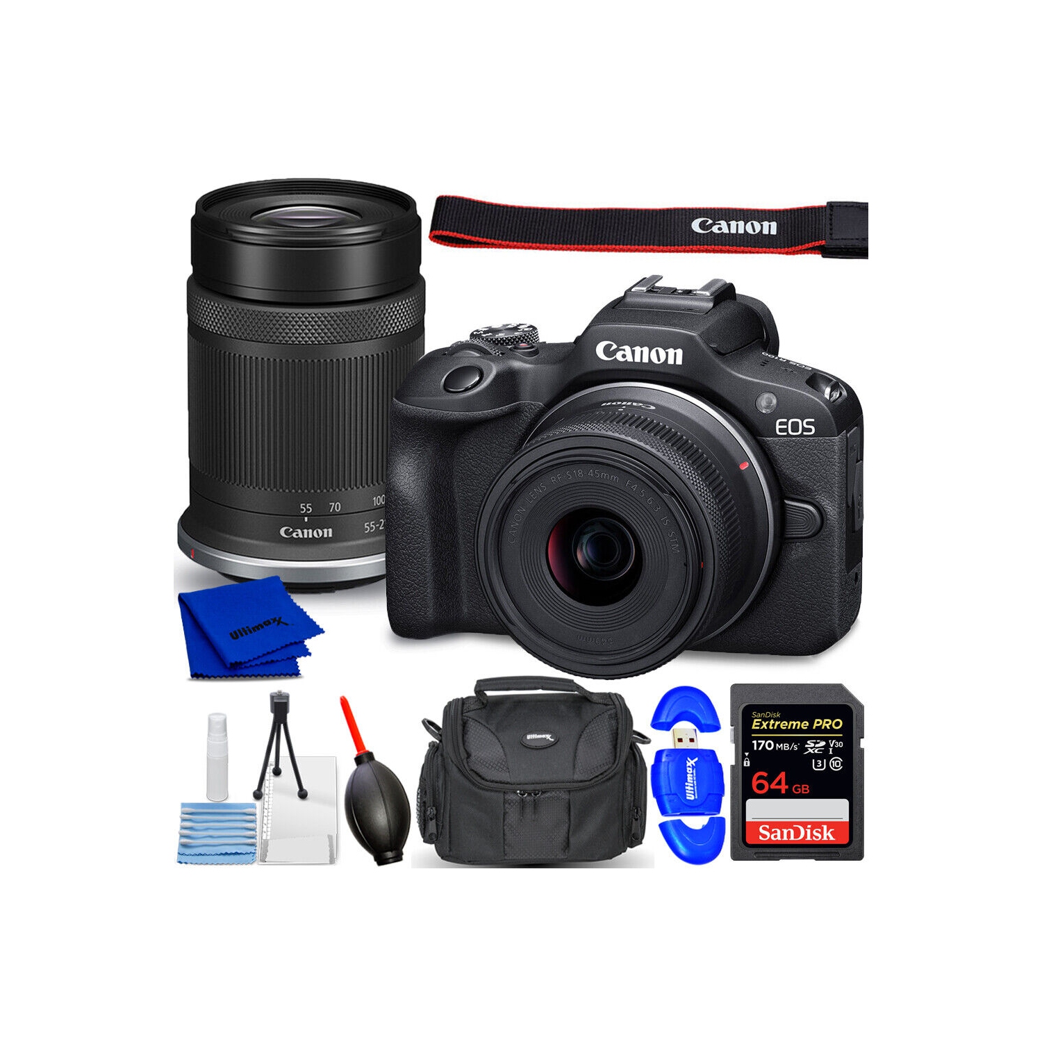 Canon EOS R100 Mirrorless Camera with 18-45mm and 55-210mm Lenses Bundle