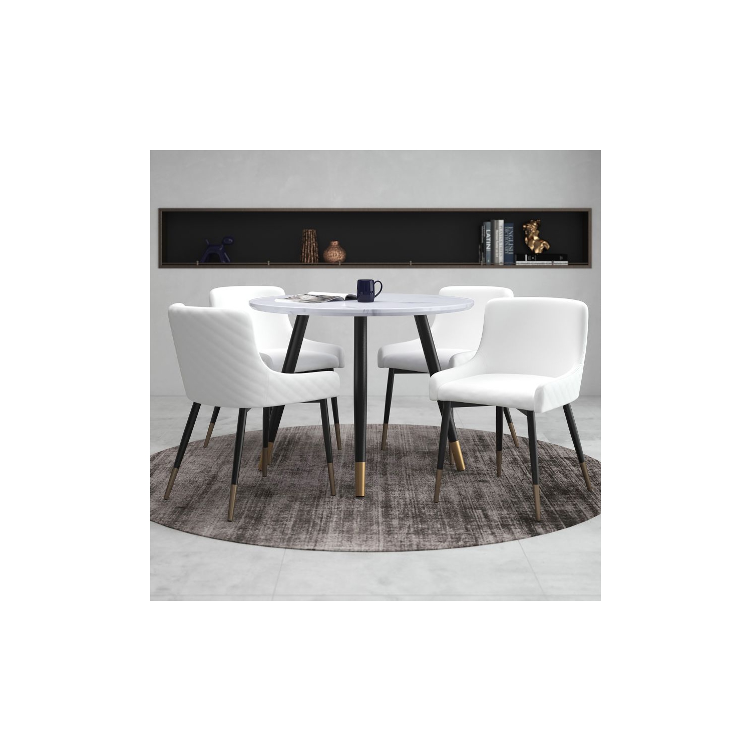 Cosmic Homes 5pc Dining Set in White with White Chair, Modern Mid-century Dining Set of 4, White Dining Table Set, Contemporary Style, MDF Table Top with Marble