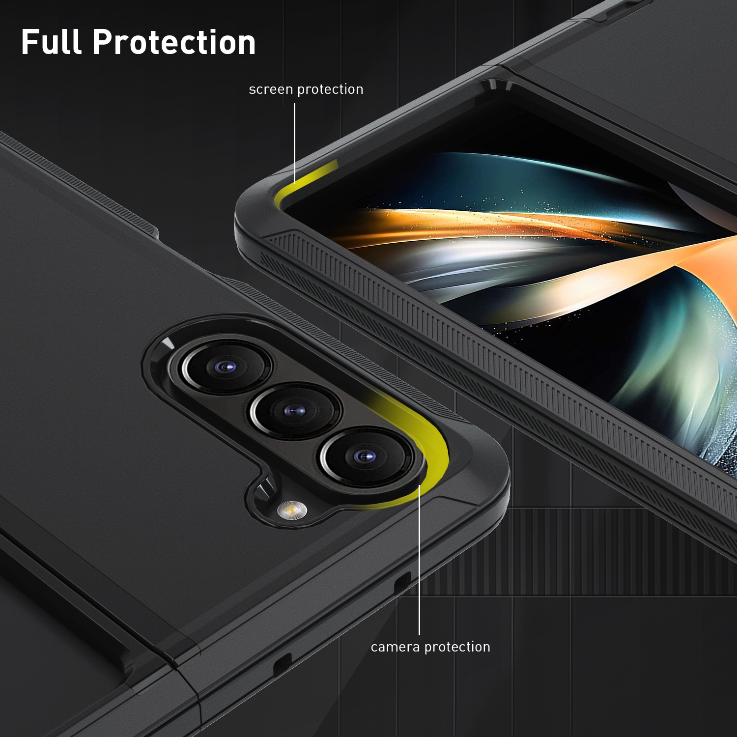 XCRS – Étui de protection robuste pour Galaxy Z Fold 5 5G de Samsung, antichoc, polycarbonate + TPUR matériau triple couche noir