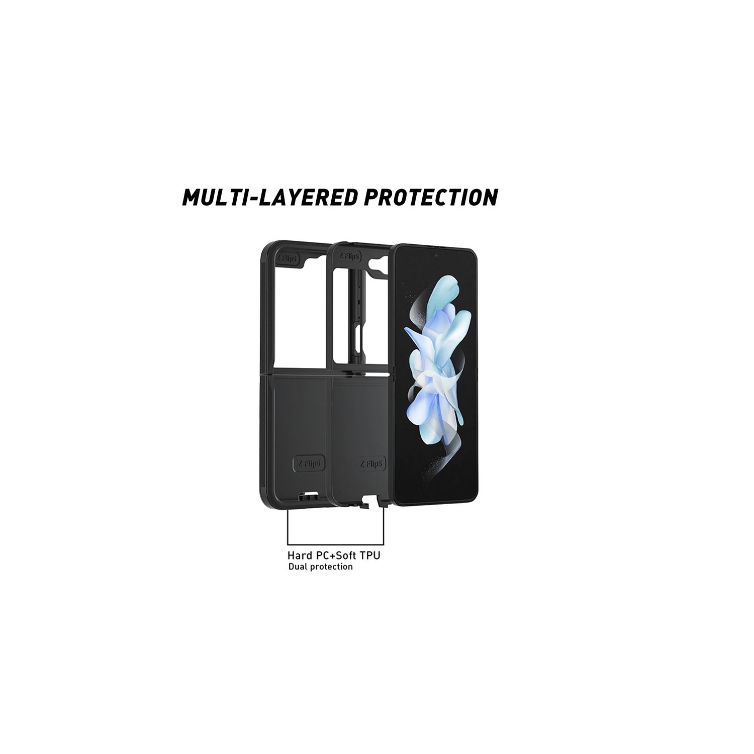 XCRS Heavy Duty Protection Case for Samsung Galaxy Z Flip 5 5G, Shockproof, PC + TPU Material Triple layered Cover Black