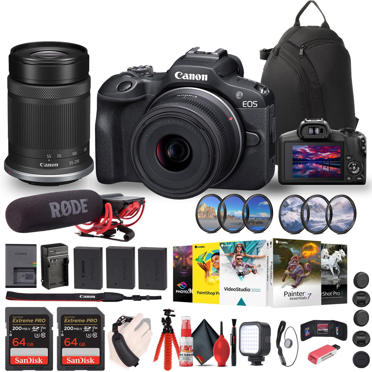 Canon EOS R100 Mirrorless Camera with 18-45mm and 55-210mm Lenses Kit (6052C022) + Rode VideoMic + Filter Kit + Sling BackPack + Corel Photo Software + 2 x 64GB Card + 2 x LPE17 Ba