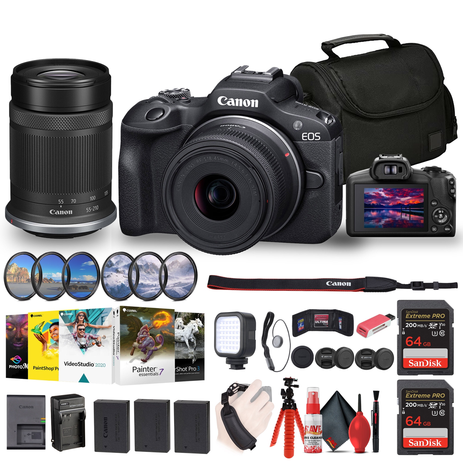 Canon EOS R100 Mirrorless Camera with 18-45mm and 55-210mm Lenses Kit (6052C022) + Filter Kit + Corel Photo Software + Bag + 2 x 64GB Card + 2 x LPE17 Battery + Charger + LED Light