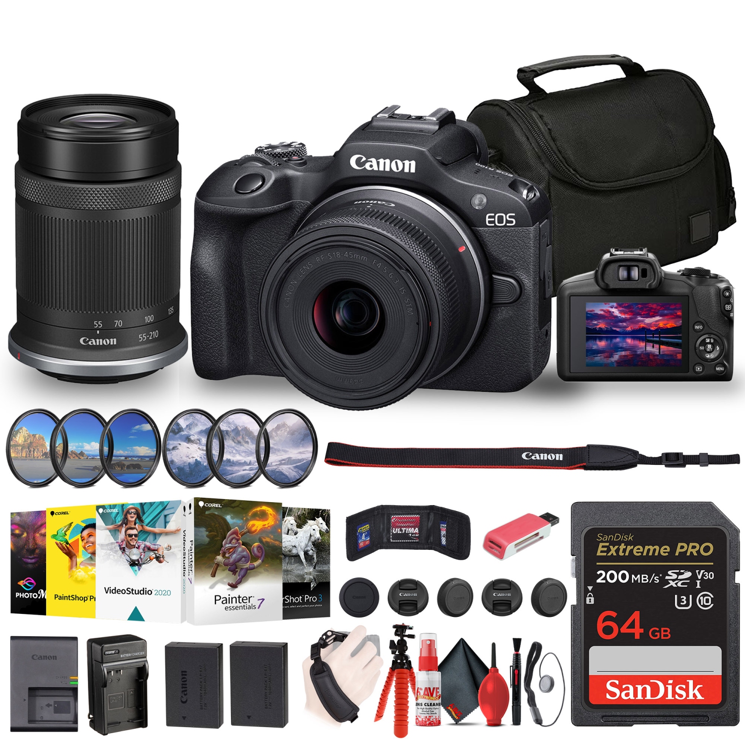 Canon EOS R100 Mirrorless Camera with 18-45mm and 55-210mm Lenses Kit (6052C022) + Filter Kit + Corel Photo Software + Bag + 64GB Card + LPE17 Battery + Charger + Card Reader + Fle