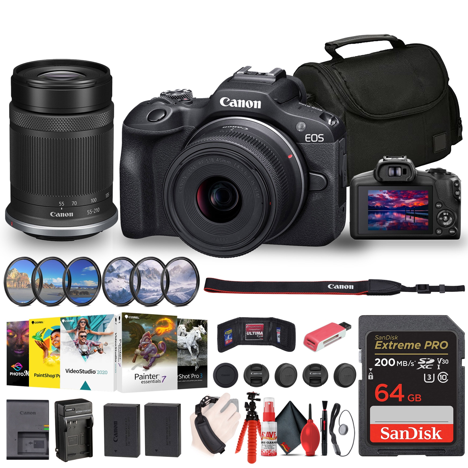 Canon EOS R100 Mirrorless Camera with 18-45mm and 55-210mm Lenses Kit + Filter Kit + Corel Photo Software + Bag + 64GB Card + LPE17 Battery + Charger