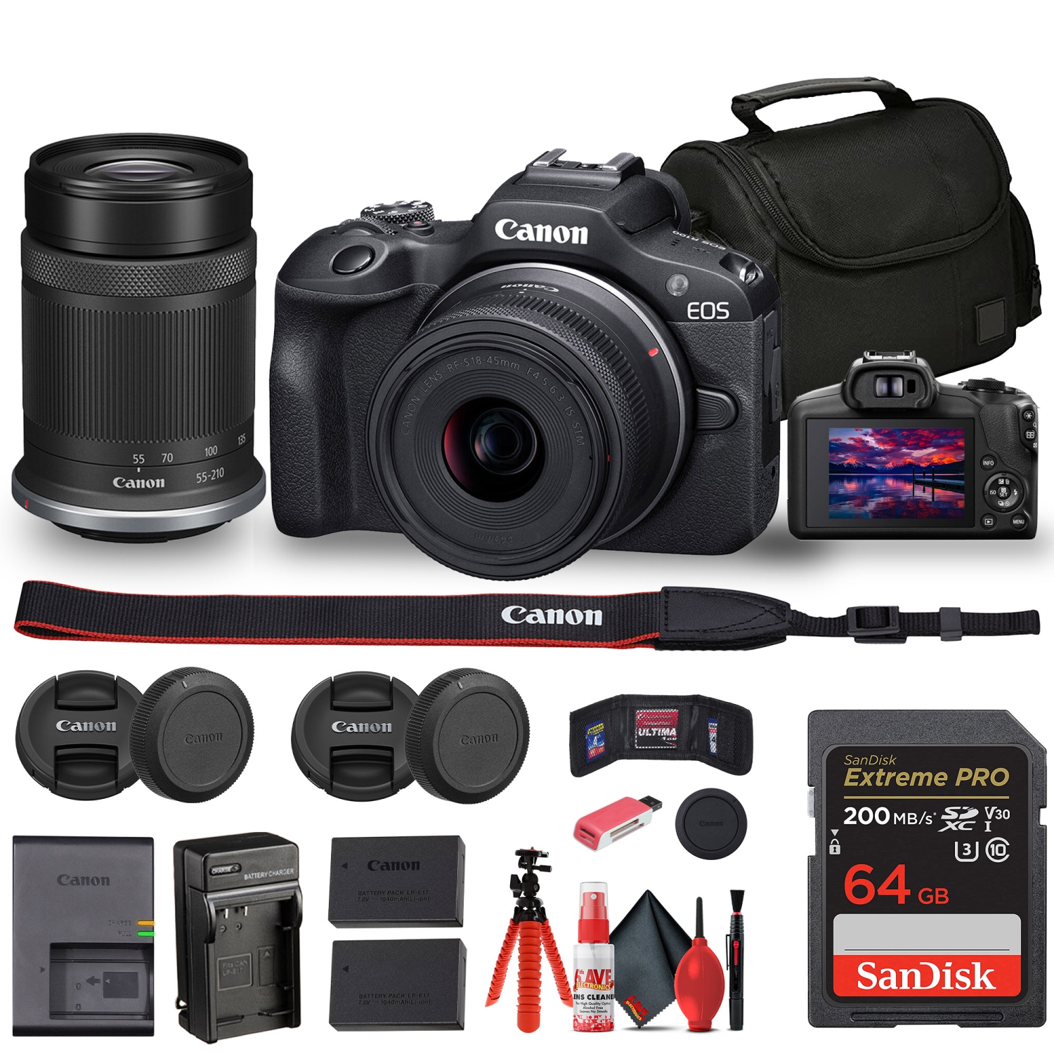 Canon EOS R100 Mirrorless Camera with 18-45mm and 55-210mm Lenses Kit (6052C022) + Bag + 64GB Card + LPE17 Battery + Charger + Card Reader + Flex Tripod + Cleaning Kit + Memory Wa