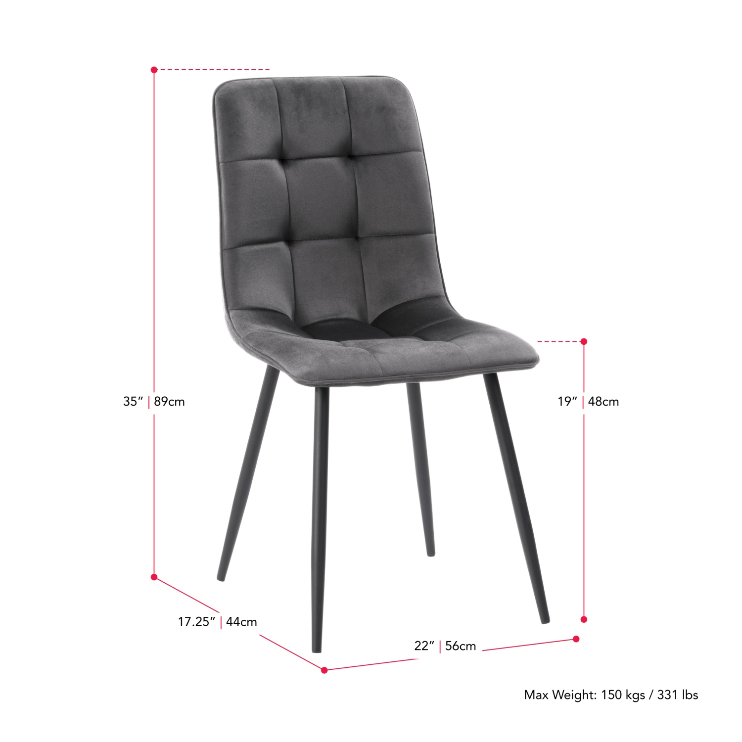 CorLiving Nash Velvet Side Chair With Black Legs, Black