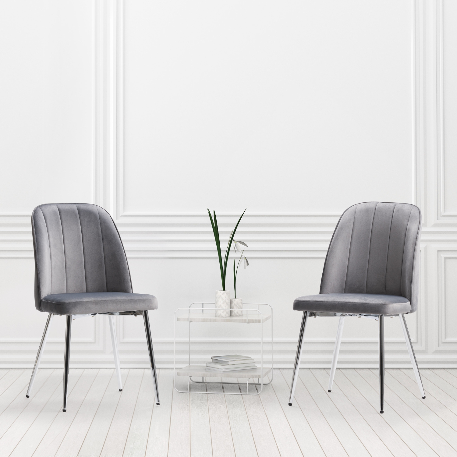 CorLiving Nash Velvet Channel Tufted Side Chair, Dark Grey