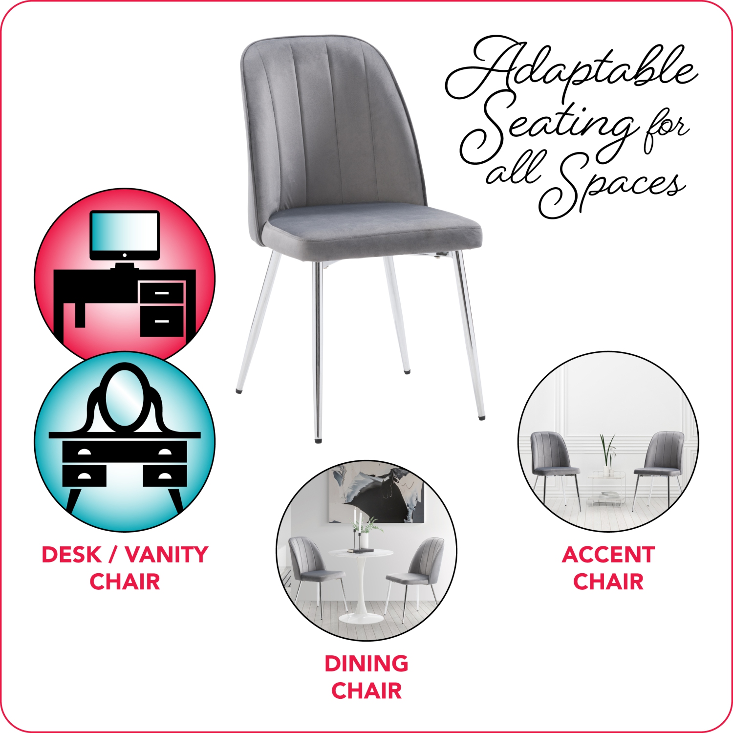 CorLiving Nash Velvet Channel Tufted Side Chair, Dark Grey