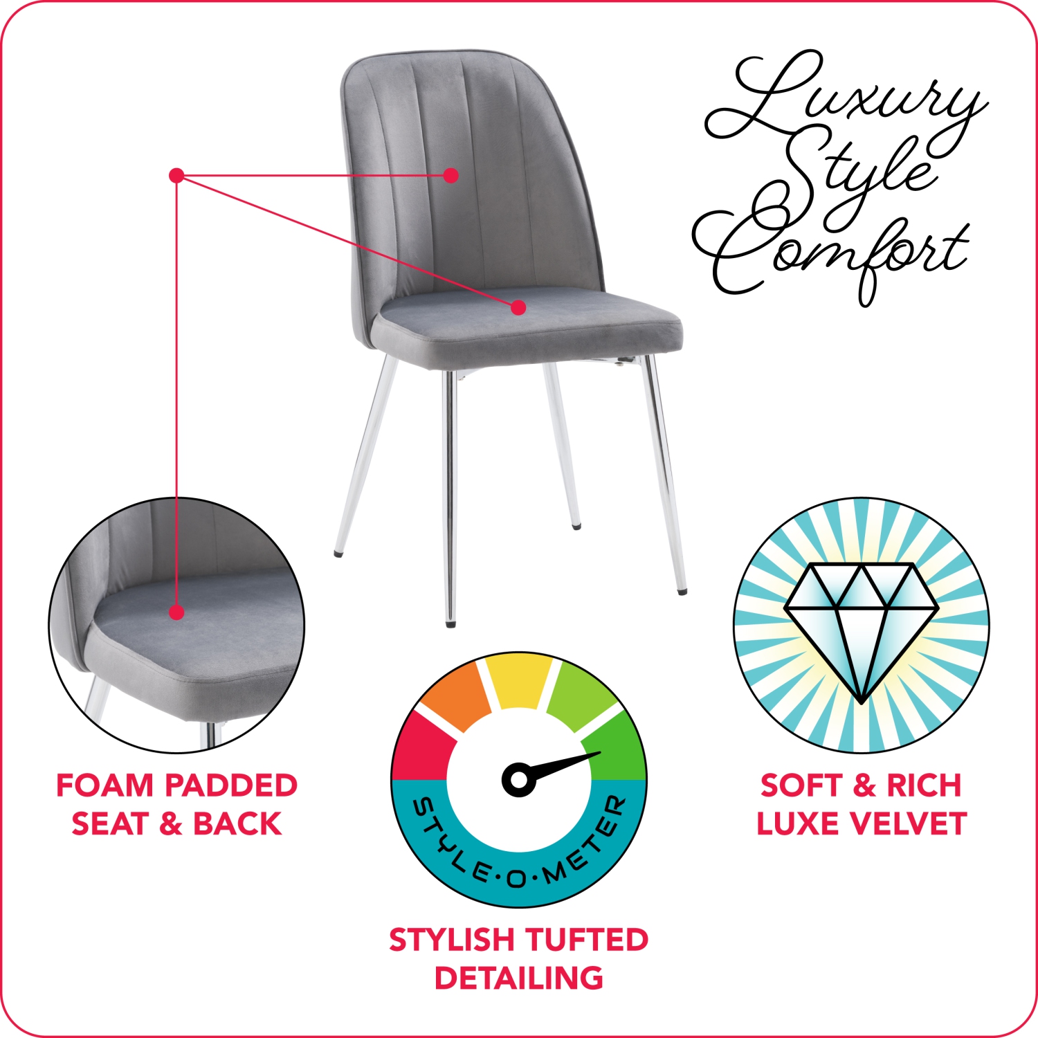 CorLiving Nash Velvet Channel Tufted Side Chair, Dark Grey