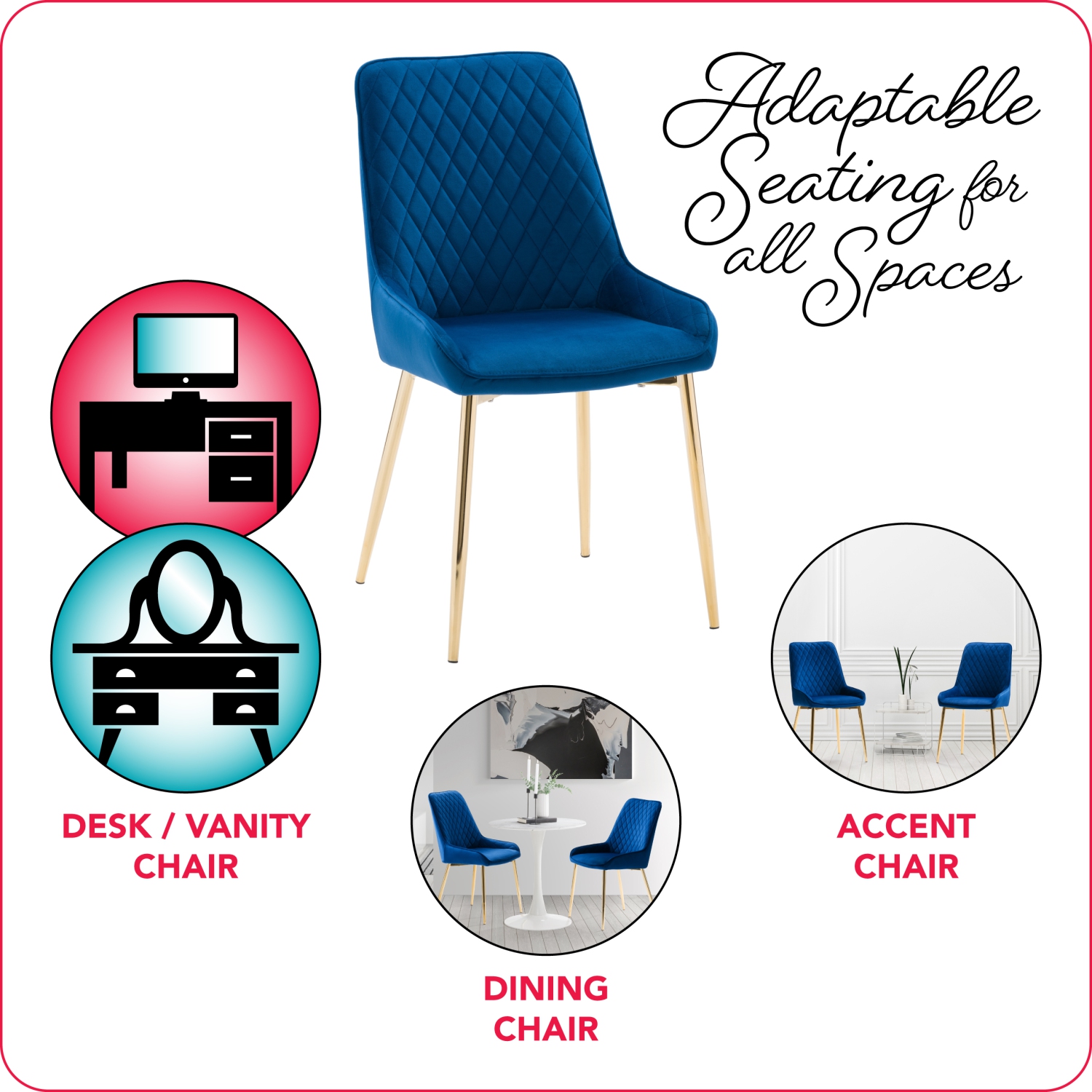 CorLiving Nash Velvet Diamond Tufted Side Chair, Navy Blue