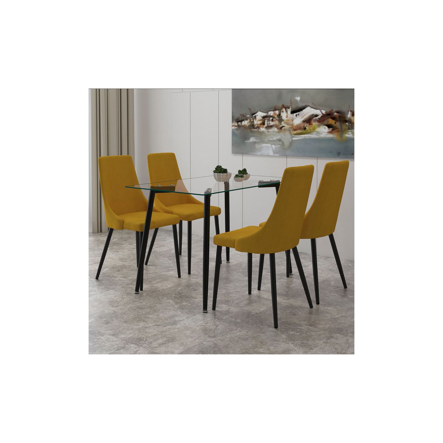 Cosmic Homes 5pc Dining Set in Black with Mustard Chair, Modern Mid-century Dining Set of 4, Glass Top and Mustard Chairs Dining Table Set, Contemporary Style