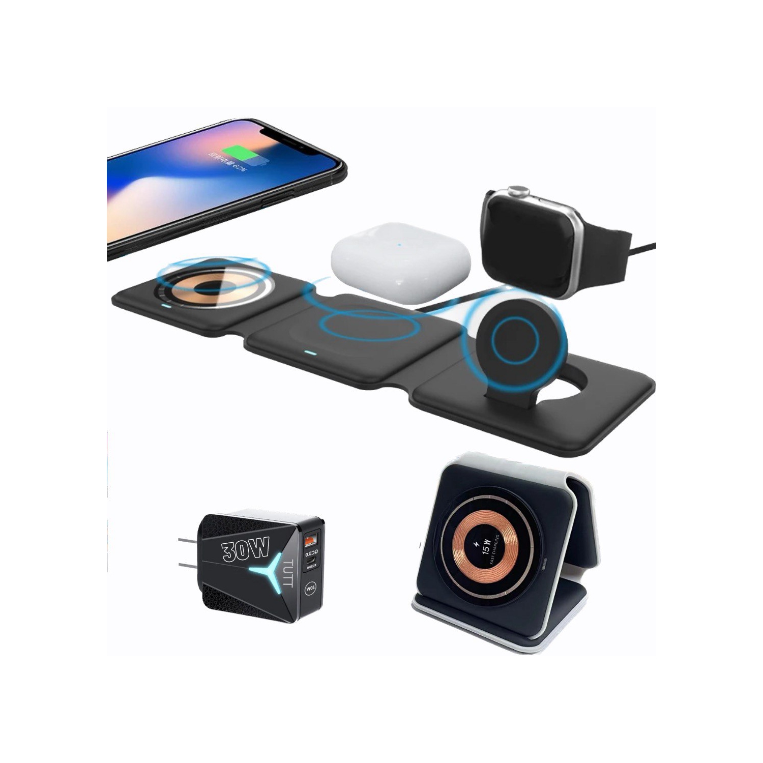TUTT 3 in 1 Wireless Magnetic Foldable Charger Station Compatible with iPhone AirPods iWatch Galaxy etc + 30W Adapter Included | Support de Station de Recharge sans fil