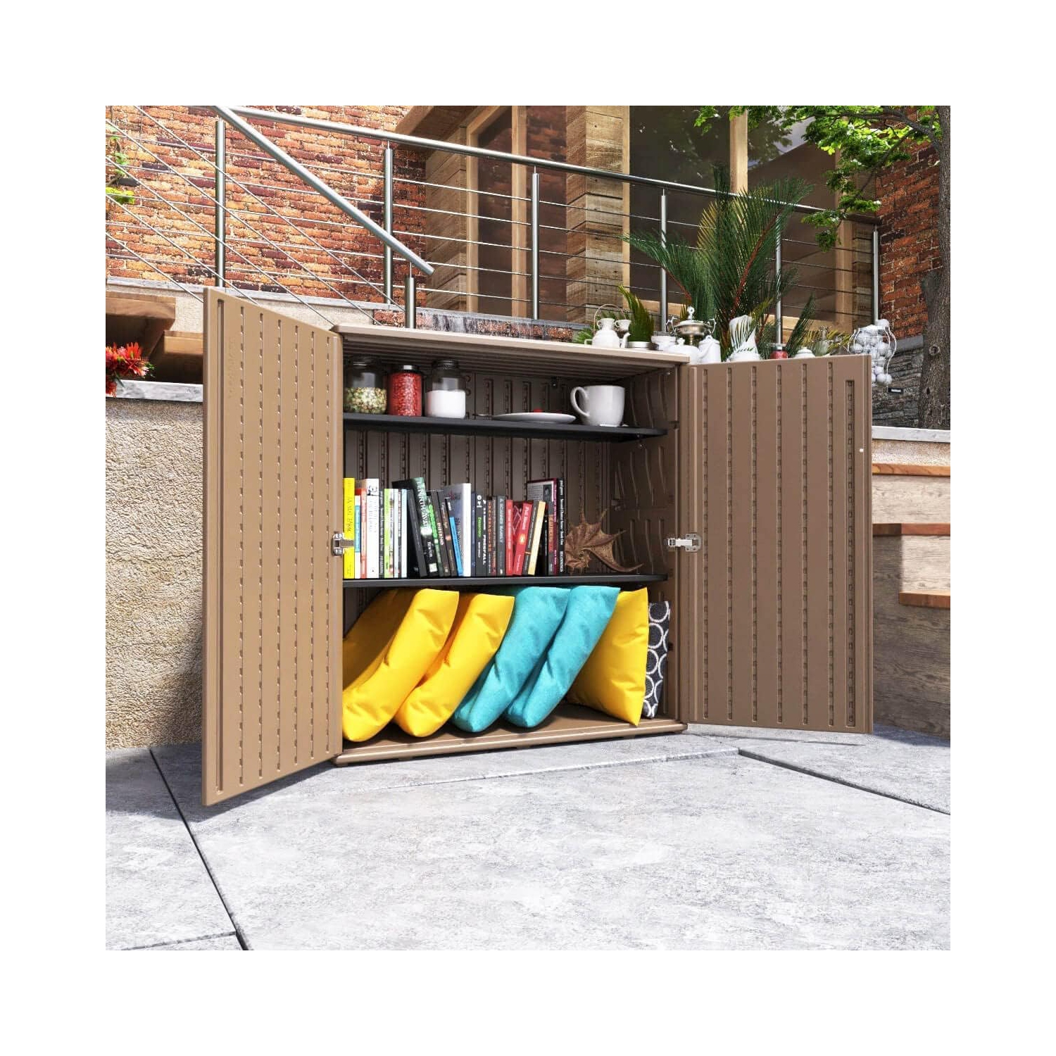 Horti Cubic Resin Storage Cabinet with Doors and 1 Shelf, Indoor & Outdoor Deck Box Waterproof for Patio Furniture Cushions, Garden Tools, Pool Tools