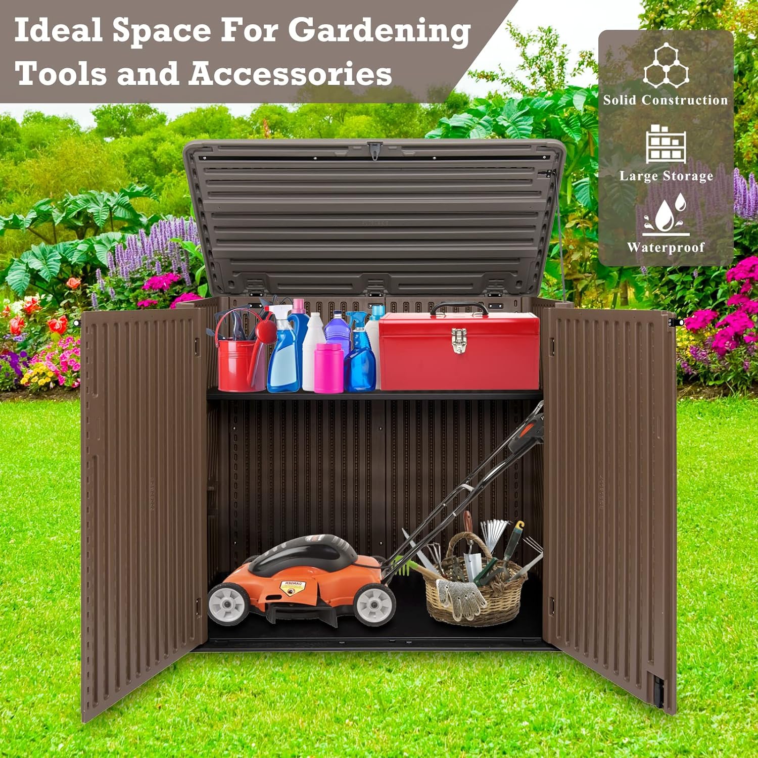 Horti Cubic 38 Cu. Ft. Horizontal Outdoor Storage Sheds with Lid, HDPE Resin Patio Storage Cabinet with Shelf Support and Lockable Doors for Patio