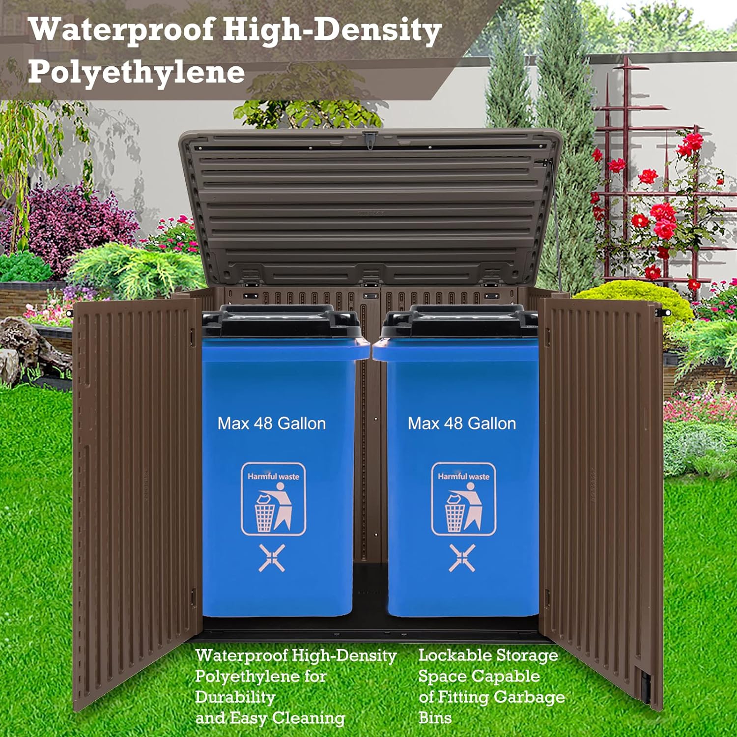 Horti Cubic 38 Cu. Ft. Horizontal Outdoor Storage Sheds with Lid, HDPE Resin Patio Storage Cabinet with Shelf Support and Lockable Doors for Patio