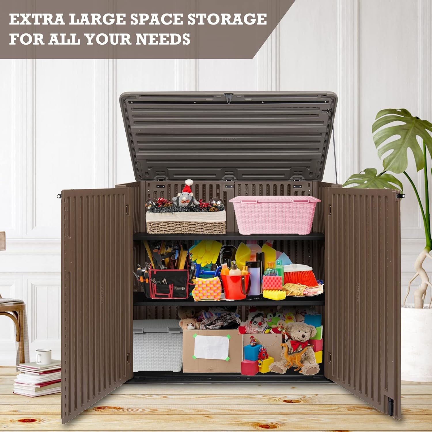 Horti Cubic 38 Cu. Ft. Horizontal Outdoor Storage Sheds with Lid, HDPE Resin Patio Storage Cabinet with Shelf Support and Lockable Doors for Patio