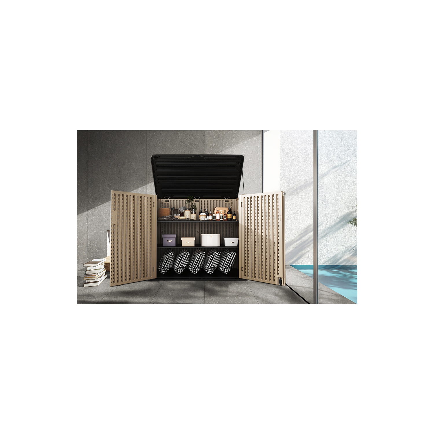 Horti Cubic 38 Cu. Ft. Horizontal Outdoor Storage Sheds with Lid, HDPE Resin Patio Storage Cabinet with Shelf Support and Lockable Doors for Patio