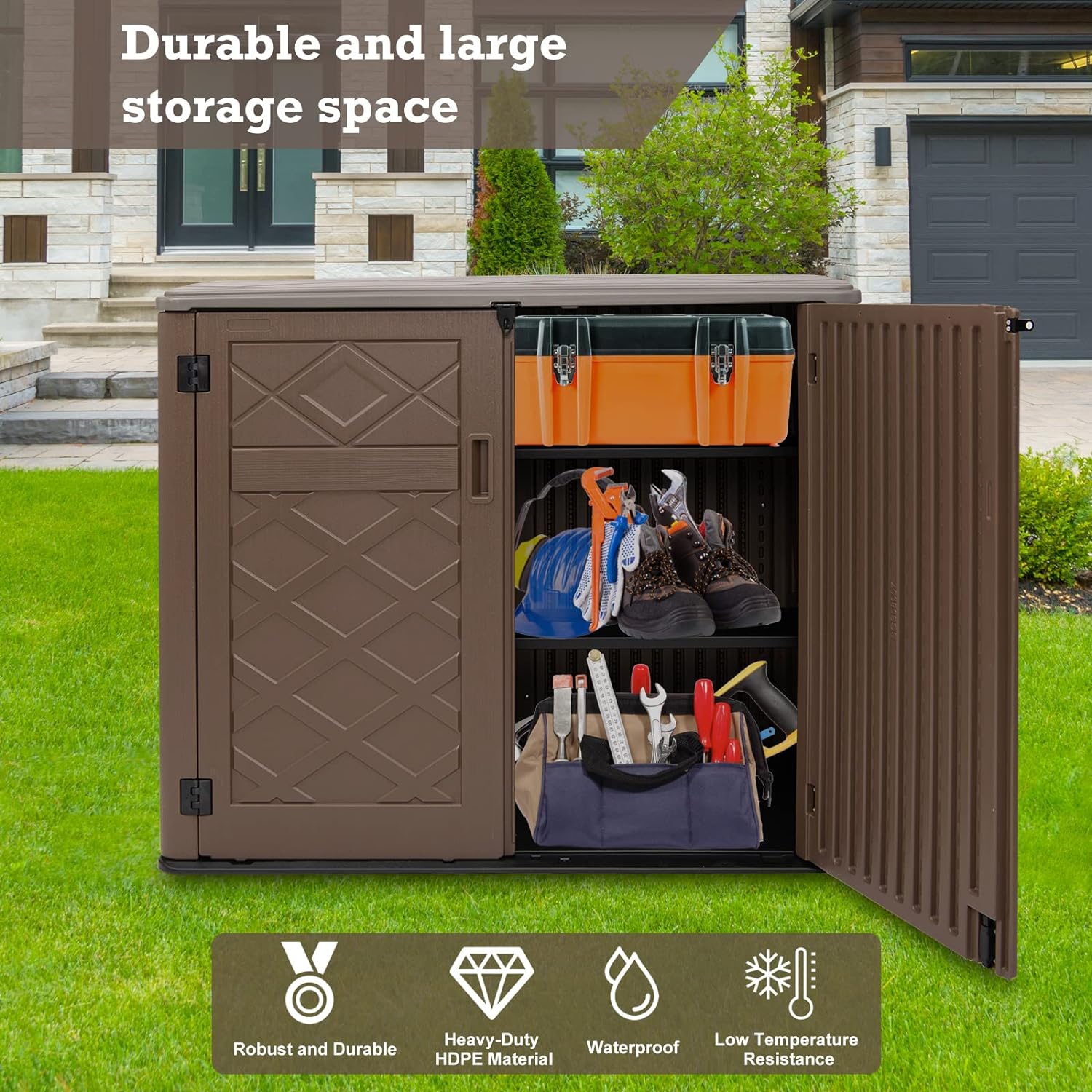 Horti Cubic 38 Cu. Ft. Horizontal Outdoor Storage Sheds with Lid, HDPE Resin Patio Storage Cabinet with Shelf Support and Lockable Doors for Patio