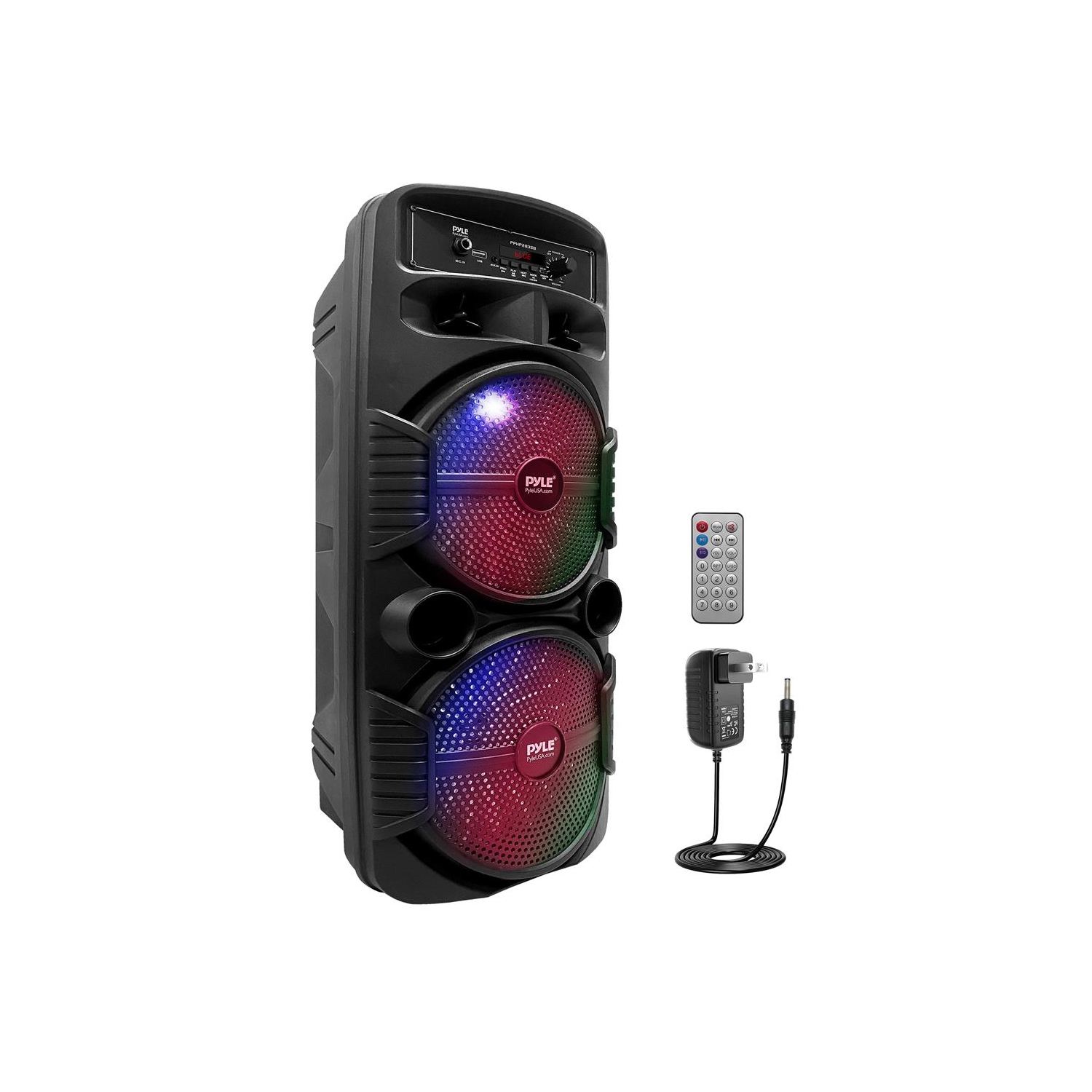 Dual 8’’ Bluetooth Portable PA Speaker - Portable PA & Karaoke Party Audio Speaker with Built-in Rechargeable Battery, Flashing Party Lights,