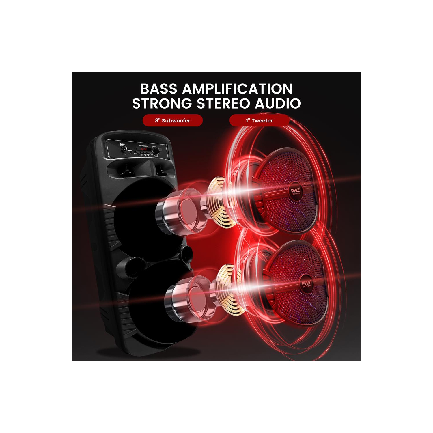 Dual 8’’ Bluetooth Portable PA Speaker - Portable PA & Karaoke Party Audio Speaker with Built-in Rechargeable Battery, Flashing Party Lights,