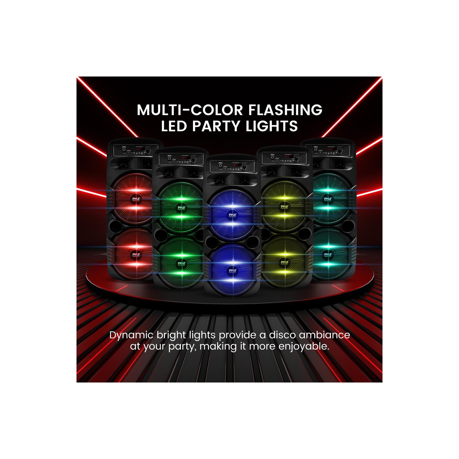 Dual 8’’ Bluetooth Portable PA Speaker - Portable PA & Karaoke Party Audio Speaker with Built-in Rechargeable Battery, Flashing Party Lights,