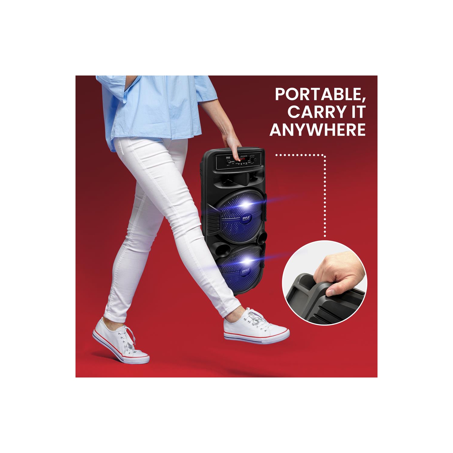 Dual 8’’ Bluetooth Portable PA Speaker - Portable PA & Karaoke Party Audio Speaker with Built-in Rechargeable Battery, Flashing Party Lights,