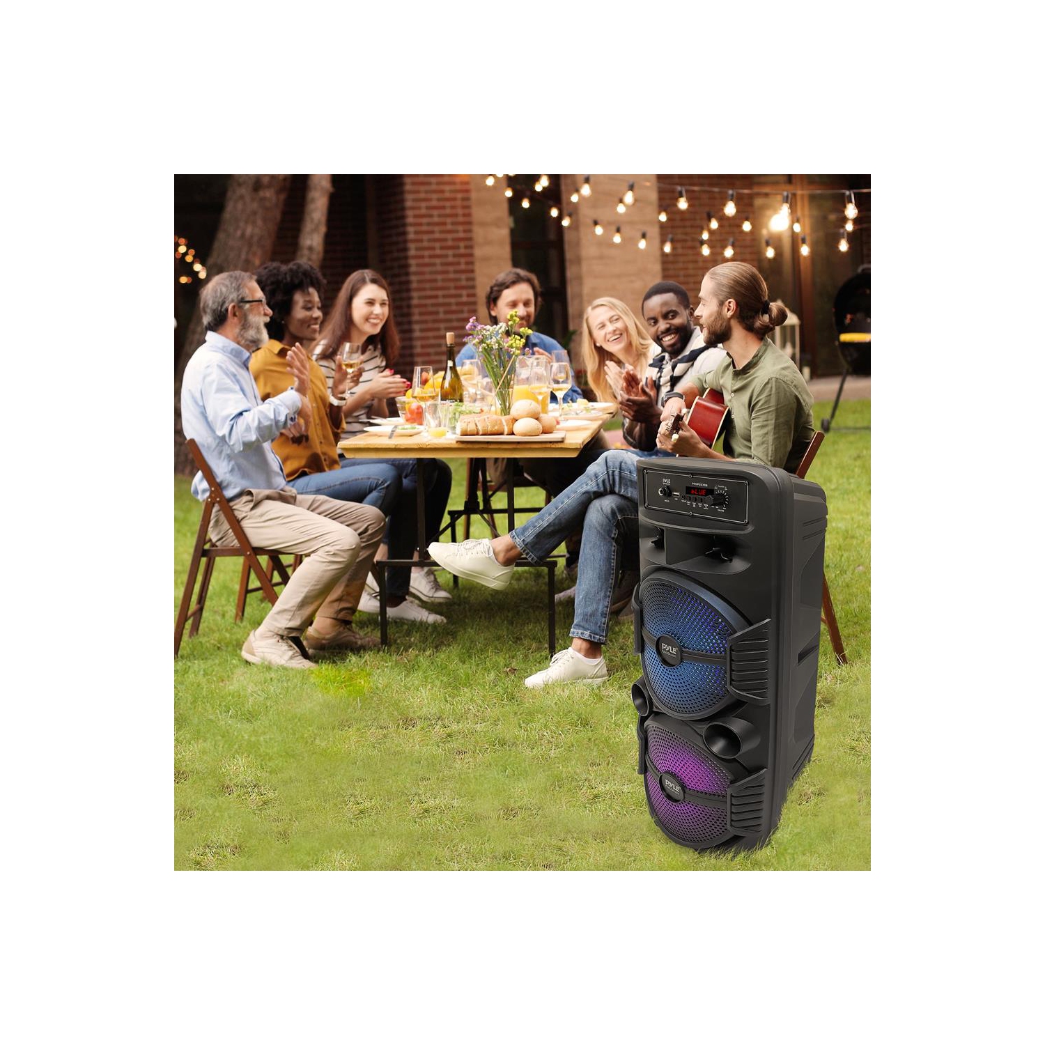 Dual 8’’ Bluetooth Portable PA Speaker - Portable PA & Karaoke Party Audio Speaker with Built-in Rechargeable Battery, Flashing Party Lights,