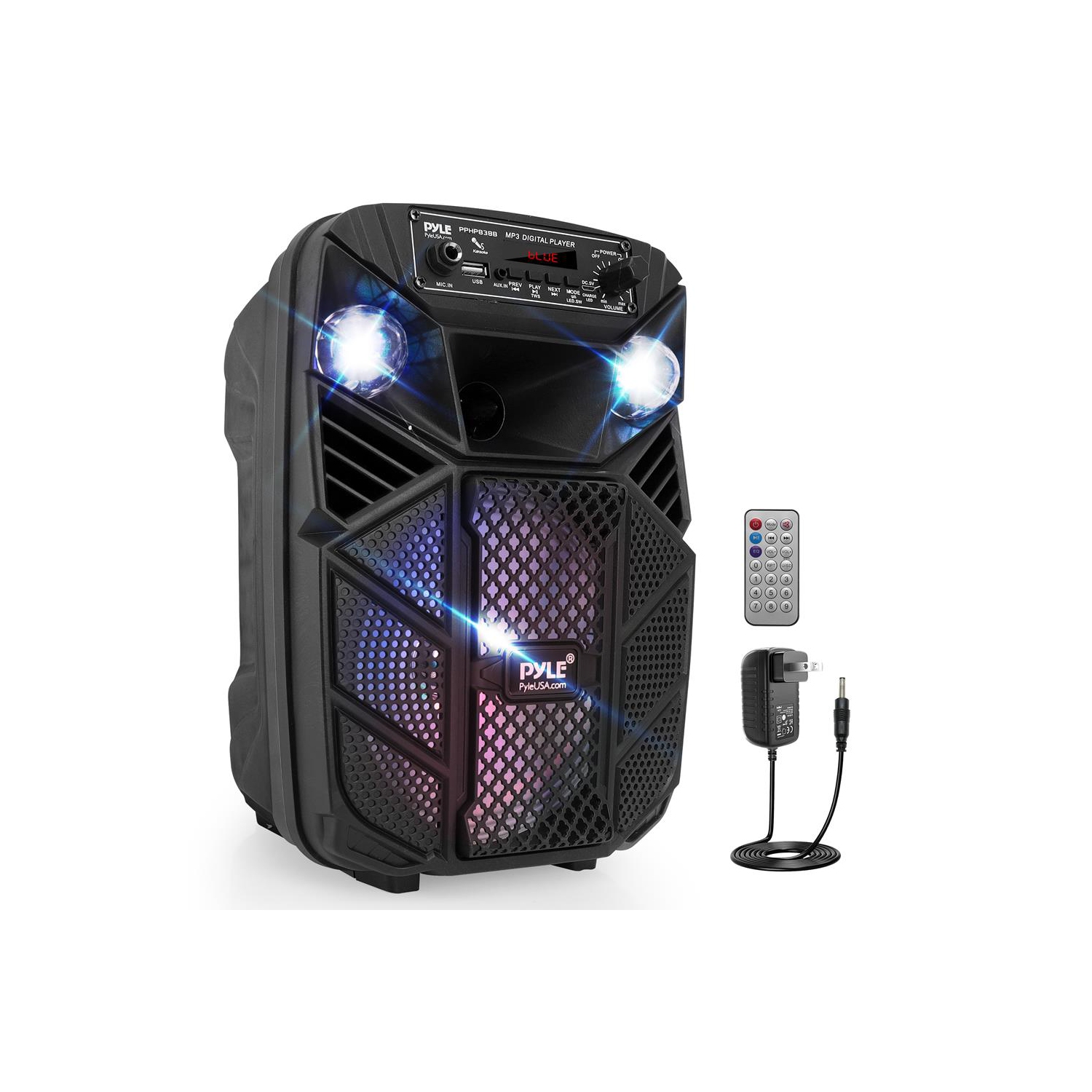 8’’ Bluetooth Portable PA Speaker - Portable PA & Karaoke Party Audio Speaker with Built-in Rechargeable Battery, Flashing Party Lights, MP3/USB/ /FM