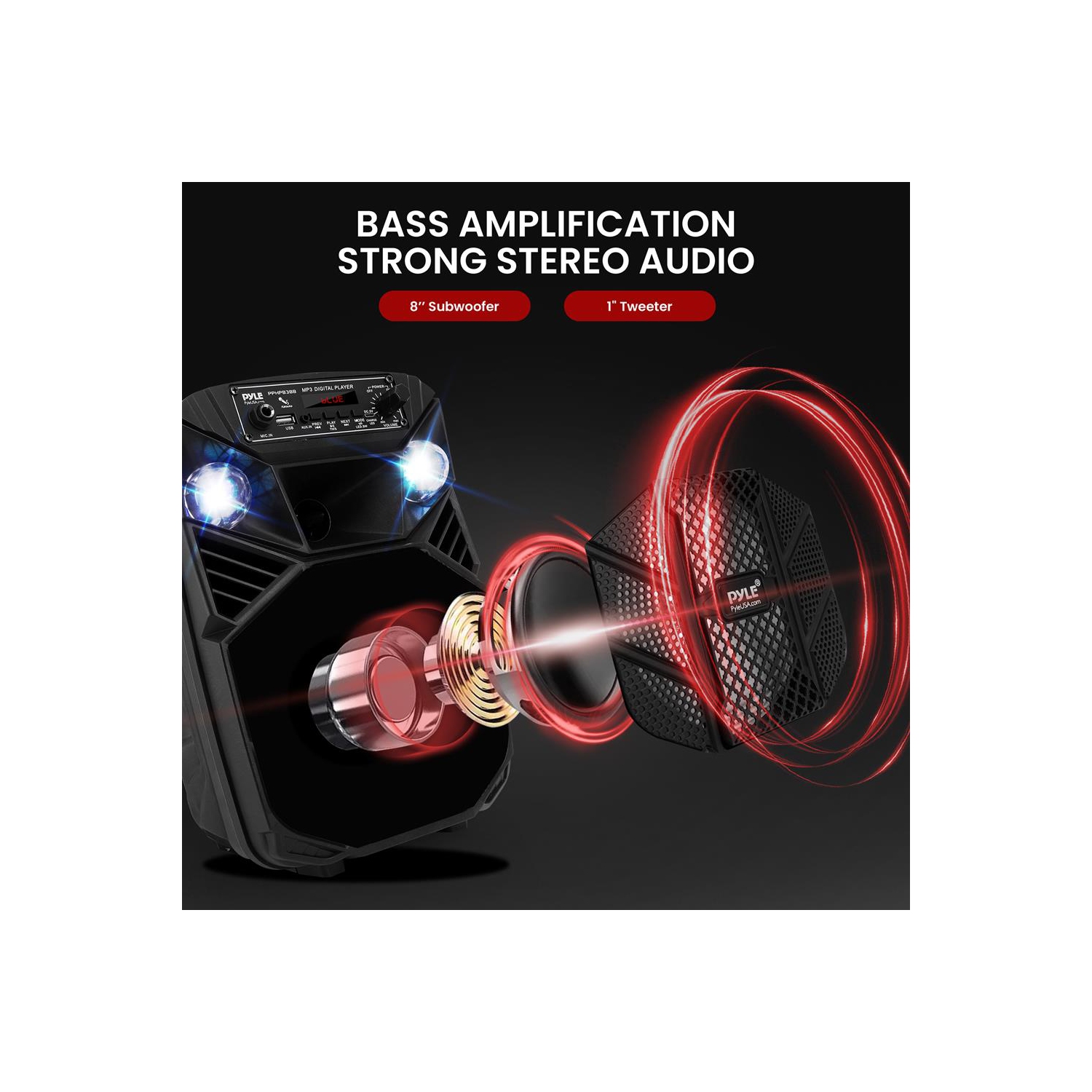 8’’ Bluetooth Portable PA Speaker - Portable PA & Karaoke Party Audio Speaker with Built-in Rechargeable Battery, Flashing Party Lights, MP3/USB/ /FM