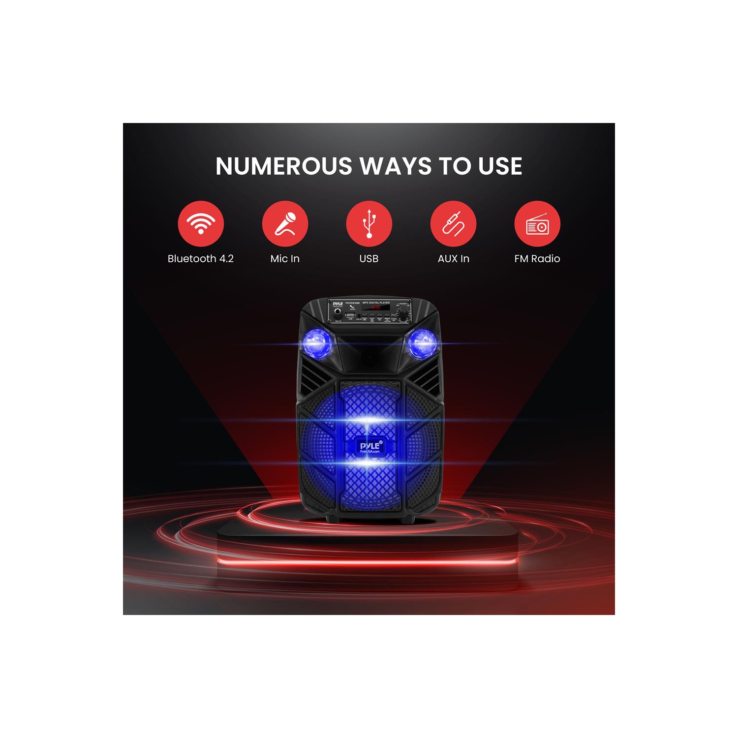 8’’ Bluetooth Portable PA Speaker - Portable PA & Karaoke Party Audio Speaker with Built-in Rechargeable Battery, Flashing Party Lights, MP3/USB/ /FM