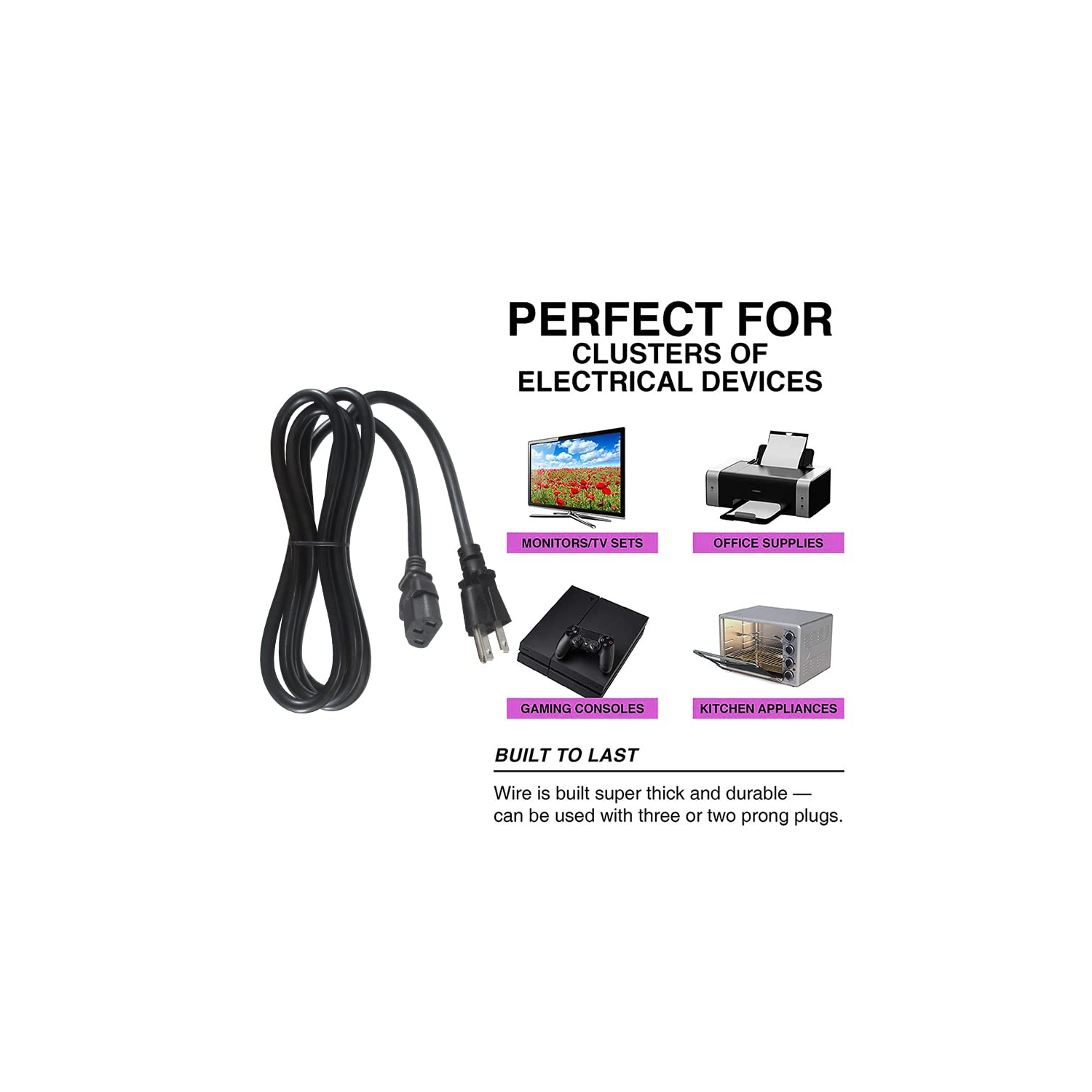 Monitor Power Cord Replacement 6ft PC Computer Power Supply Cord, NEMA 5-15P to IEC C13 Connector SJT 18AWG, Universal Laptop 3 Prong Power Cable,