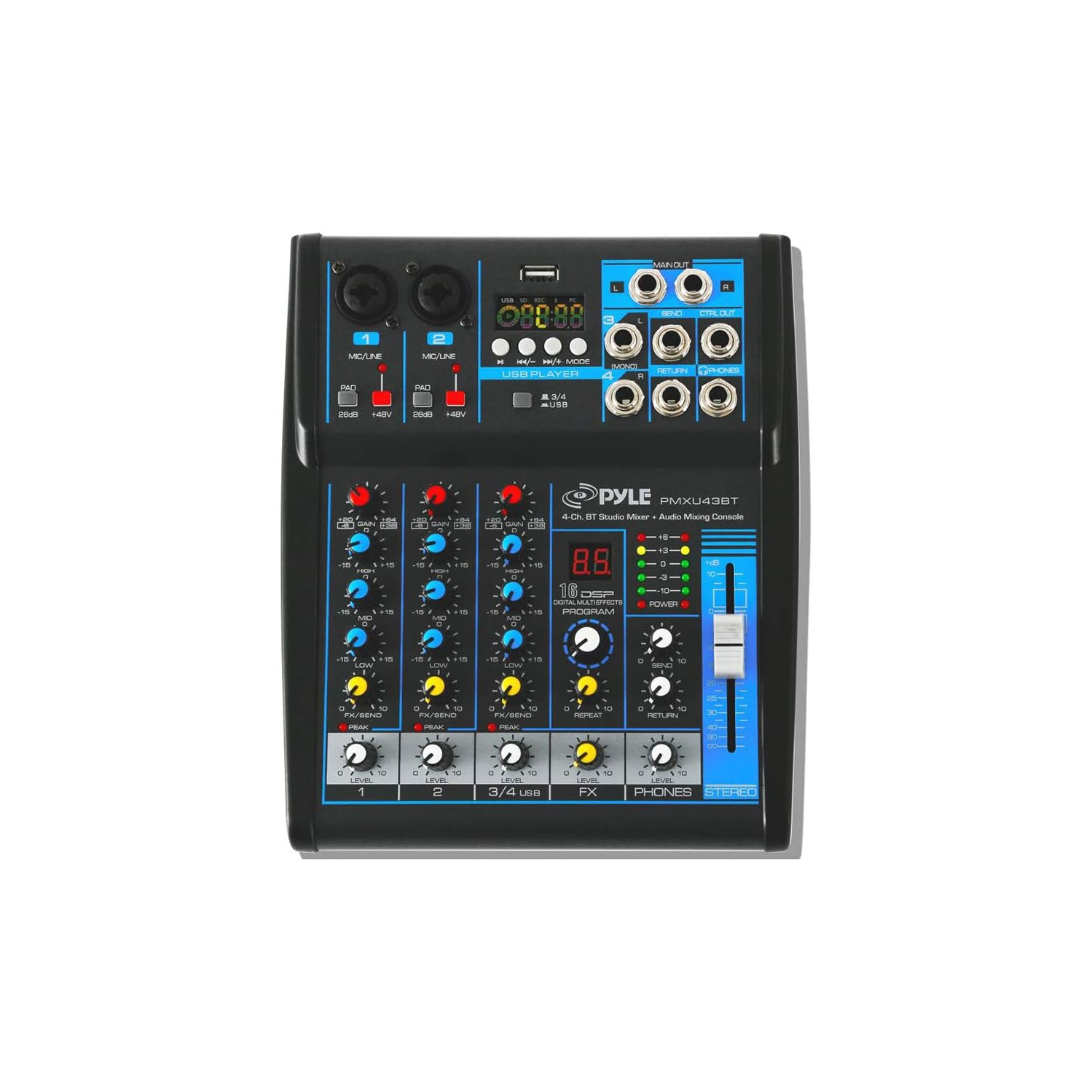 Pyle Professional Audio Mixer Sound Board Console System Interface 4 Channel Digital USB Bluetooth MP3 Computer Input 48V Phantom Power Stereo DJ