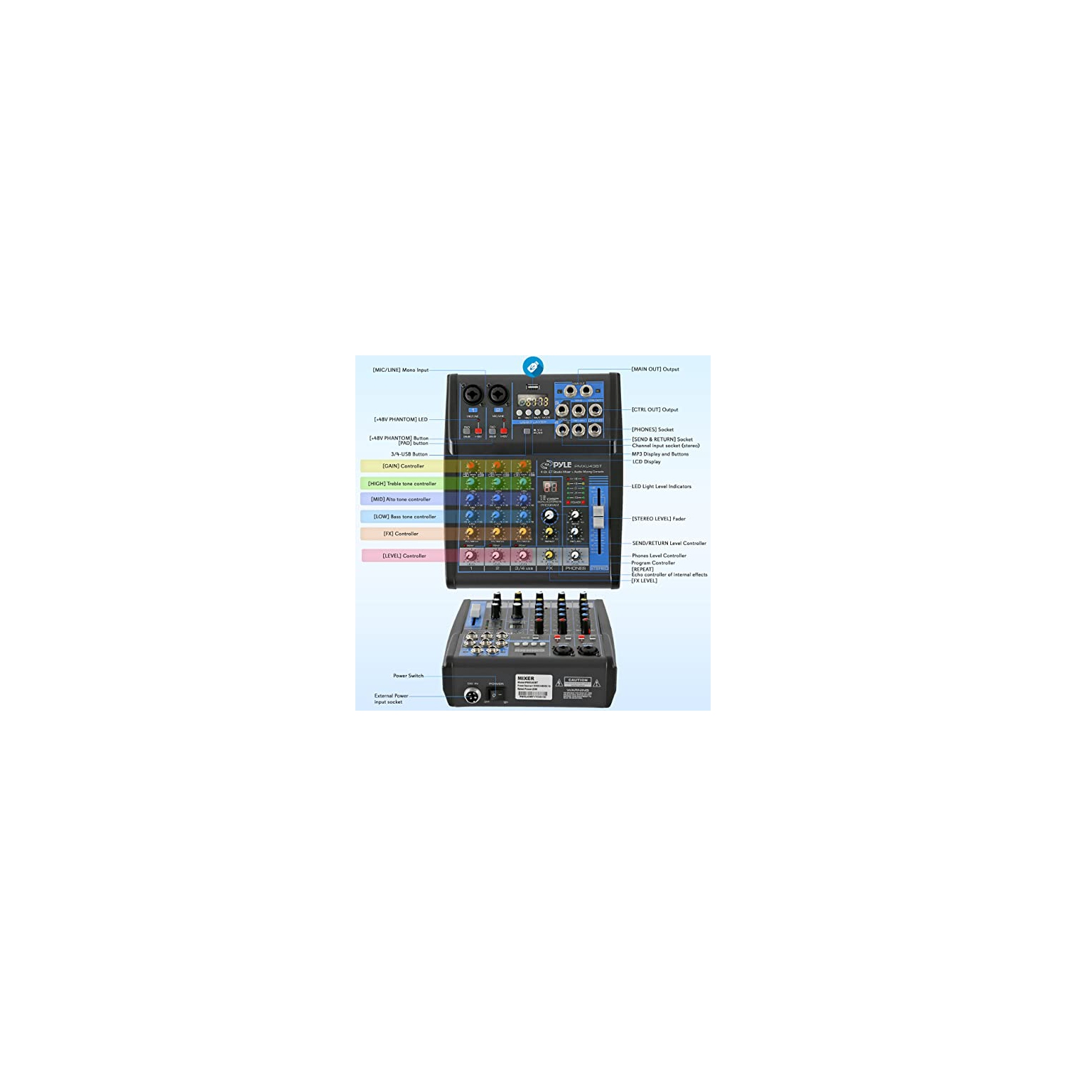 Pyle Professional Audio Mixer Sound Board Console System Interface 4 Channel Digital USB Bluetooth MP3 Computer Input 48V Phantom Power Stereo DJ