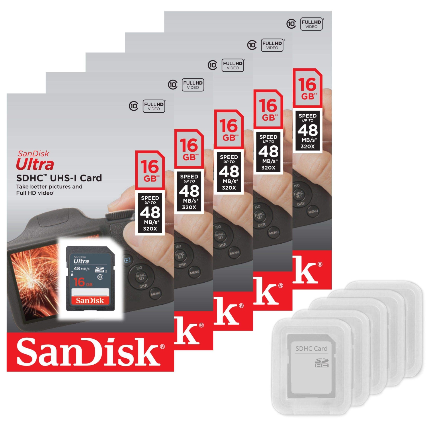 Paquet de 5 – Carte mémoire SD SDHC UHS-I classe 10 Ultra 16&nbsp;Go de SanDisk vitesse de lecture jusqu'à 48MB Mo/s 320X Go SDUNB-016G-GN3IN, lot en