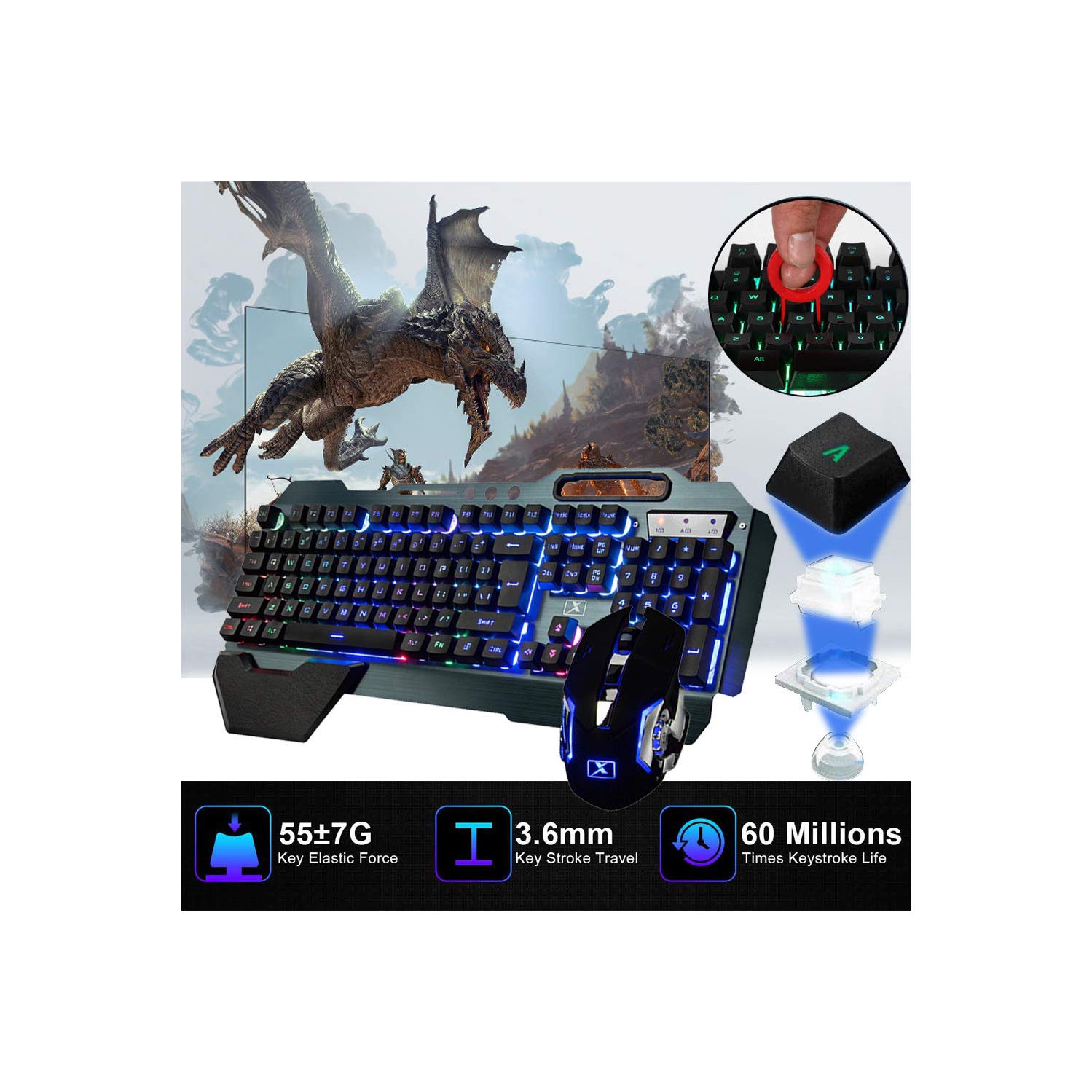 Wireless gaming Keyboard and Mouse,Rainbow Backlit Rechargeable Keyboard Mouse with 3800mAh