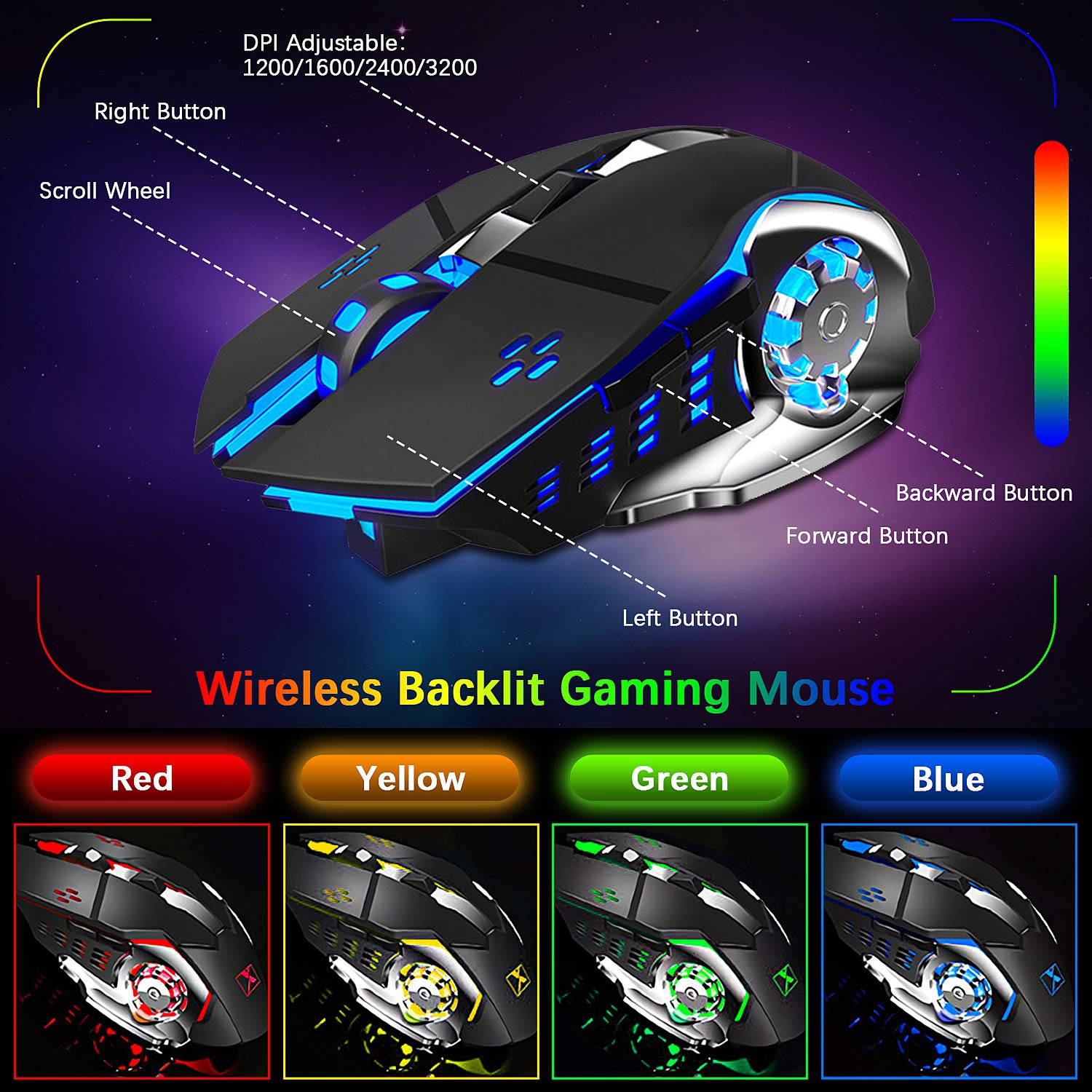 Wireless gaming Keyboard and Mouse,Rainbow Backlit Rechargeable Keyboard Mouse with 3800mAh