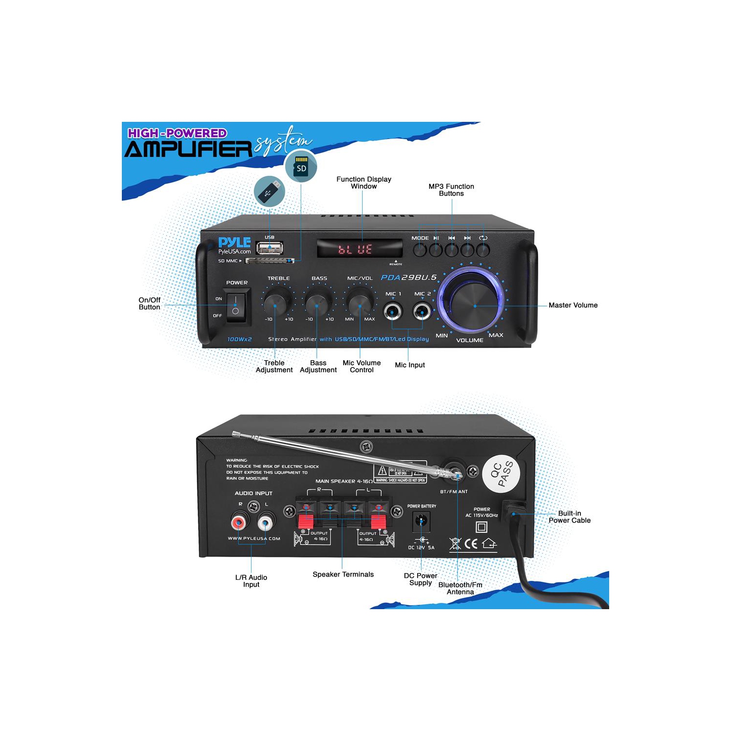 Wireless BT Stereo Power Amplifier - Blue Series Compact and Audio Streaming Amp with RCA & Speaker Terminals