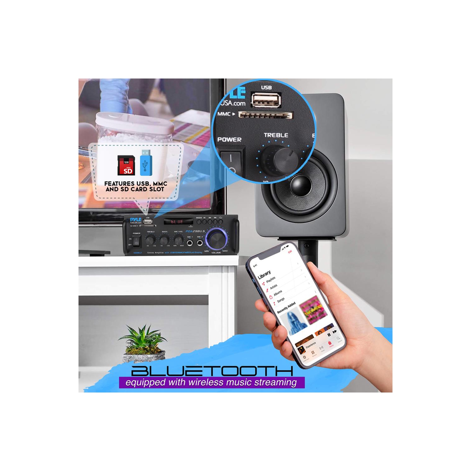 Amplificateur de puissance stéréo sans fil BT - amplificateur compact et audio pour diffusion en continu série bleue avec borniers RCA et