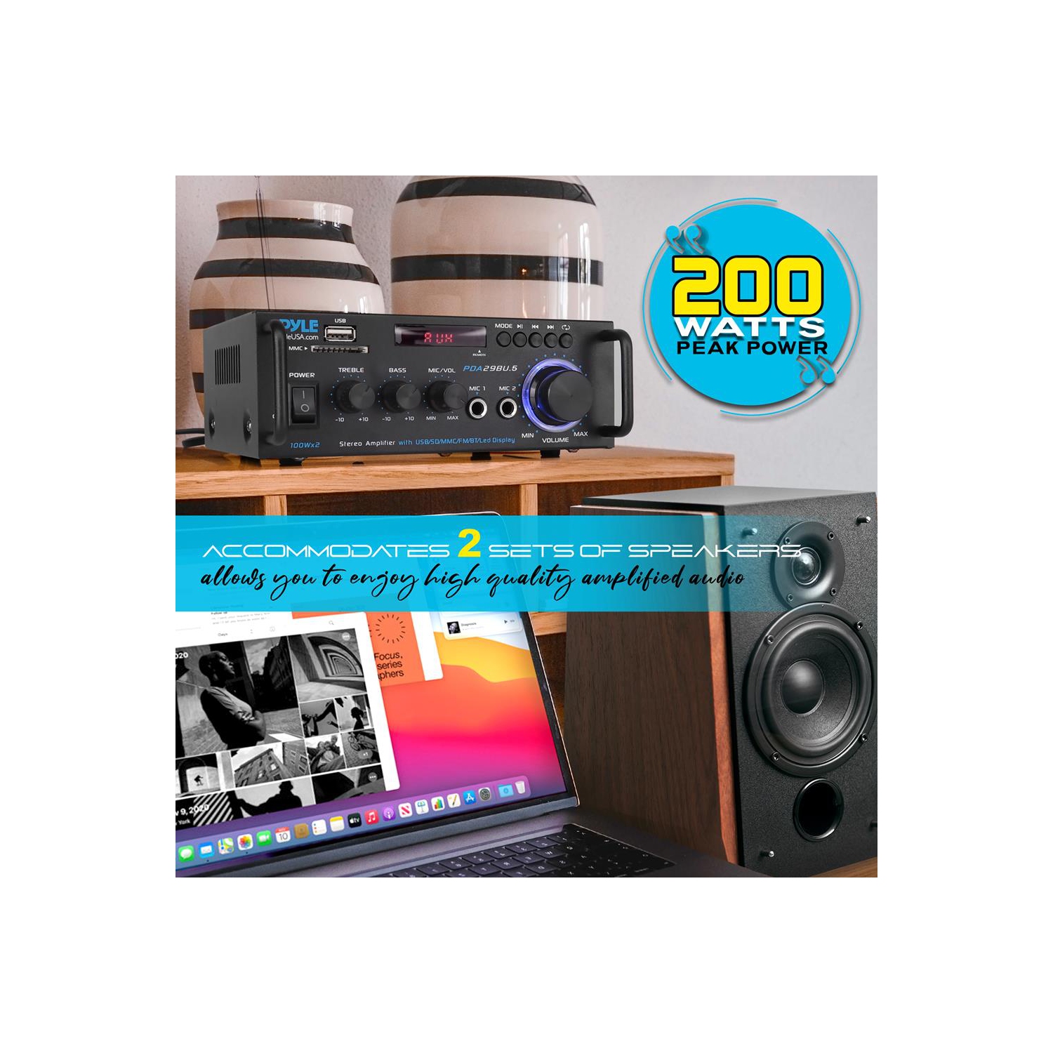 Amplificateur de puissance stéréo sans fil BT - amplificateur compact et audio pour diffusion en continu série bleue avec borniers RCA et