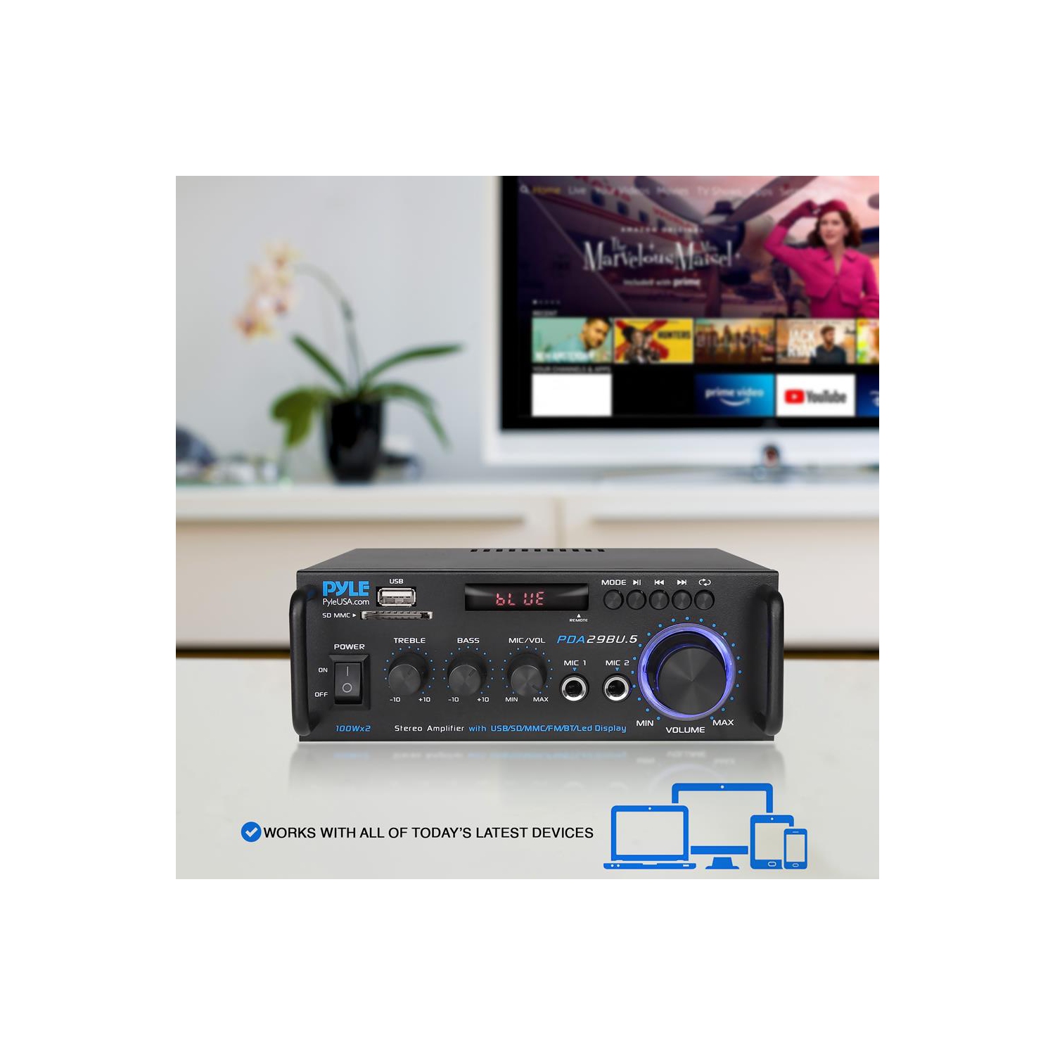 Amplificateur de puissance stéréo sans fil BT - amplificateur compact et audio pour diffusion en continu série bleue avec borniers RCA et